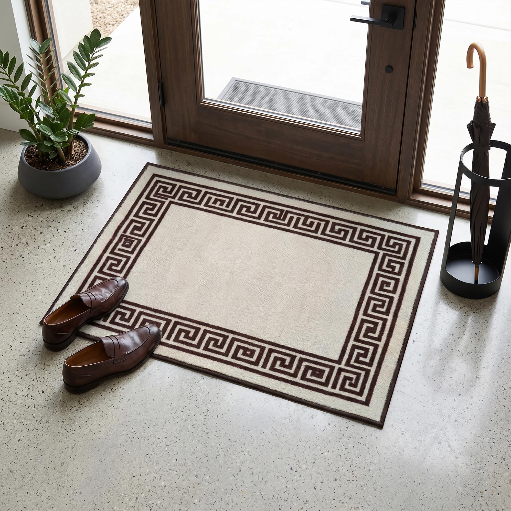 Fit Even Greeky Door Mat – Non-Slip Washable Doormat, Heavy Duty Welcome Dirt Trapper, Water Absorbent Floor Mat for Indoor/Outdoor Use, Front Entrance, and Kitchen (Beige & Brown, 50x80 cm)