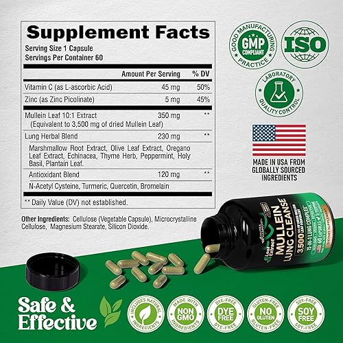 Miniatura 7 de Extracto de hoja de gordolobo para desintoxicación pulmonar - raíz de malvavisco  equinácea  orégano  quercetina  NAC - Suplemento 15 en 1 de apoyo