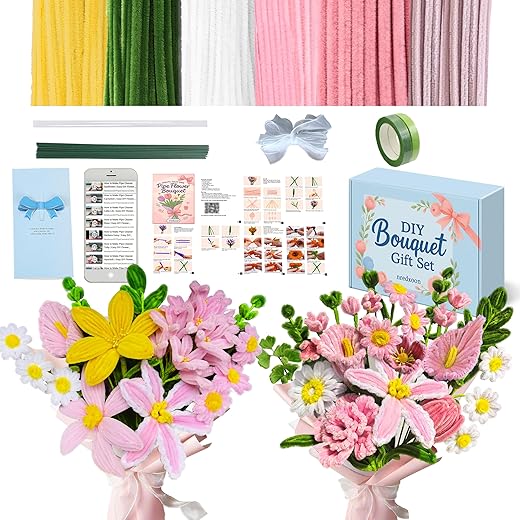 NREDXOON Pipe Cleaner Flowers Craft Kit - 400PCS DIY Lily & Tulip Bouquet Making Kit - Relaxing Craft for Stress Relief - Thoughtful Handmade Birthday Gift for Mom, Women(Pink)