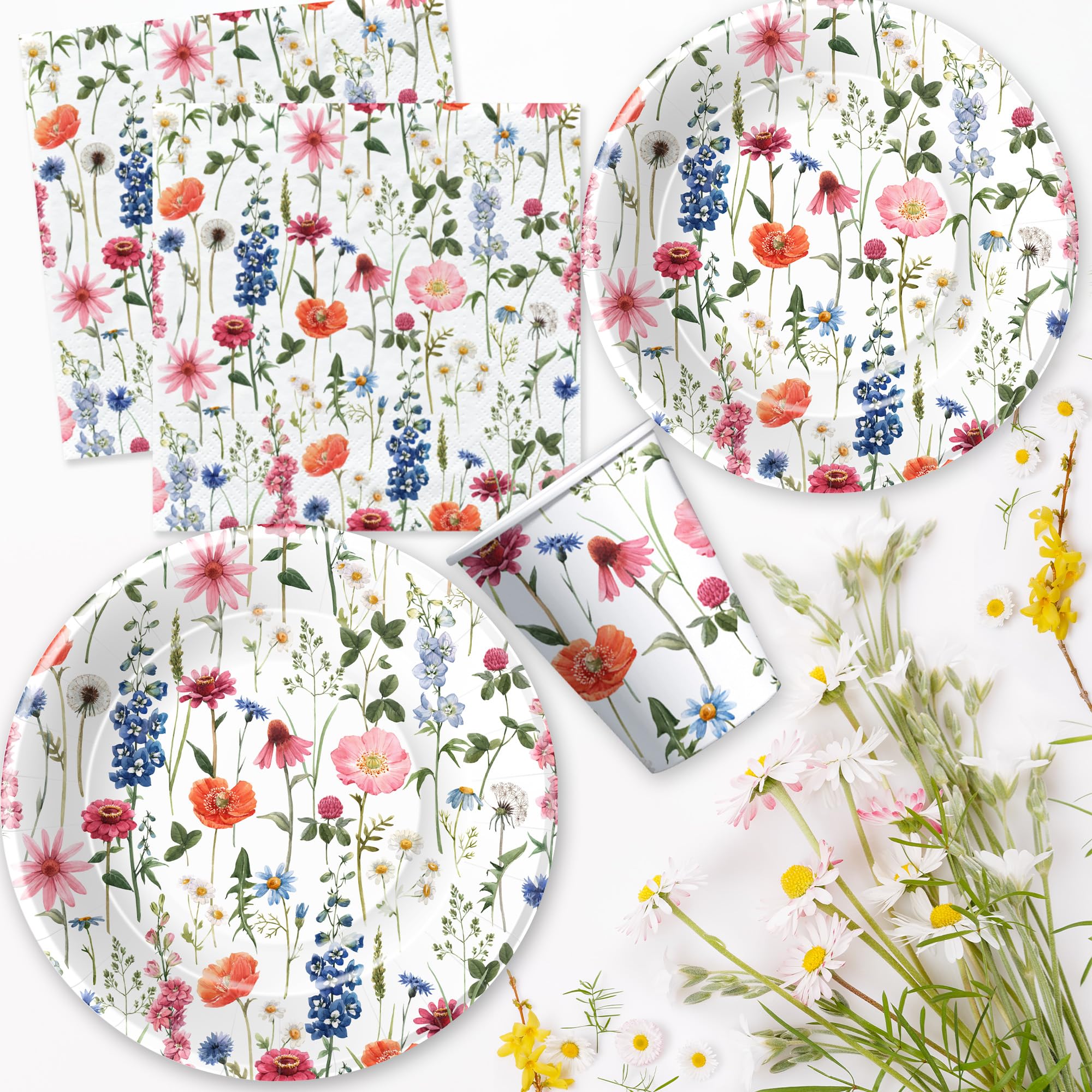 Wildblumen-Partyzubehör Für 25 Gäste – Inkl. Teller, Servietten, Becher (266 Ml), Frühlings-/Sommer-Deko
