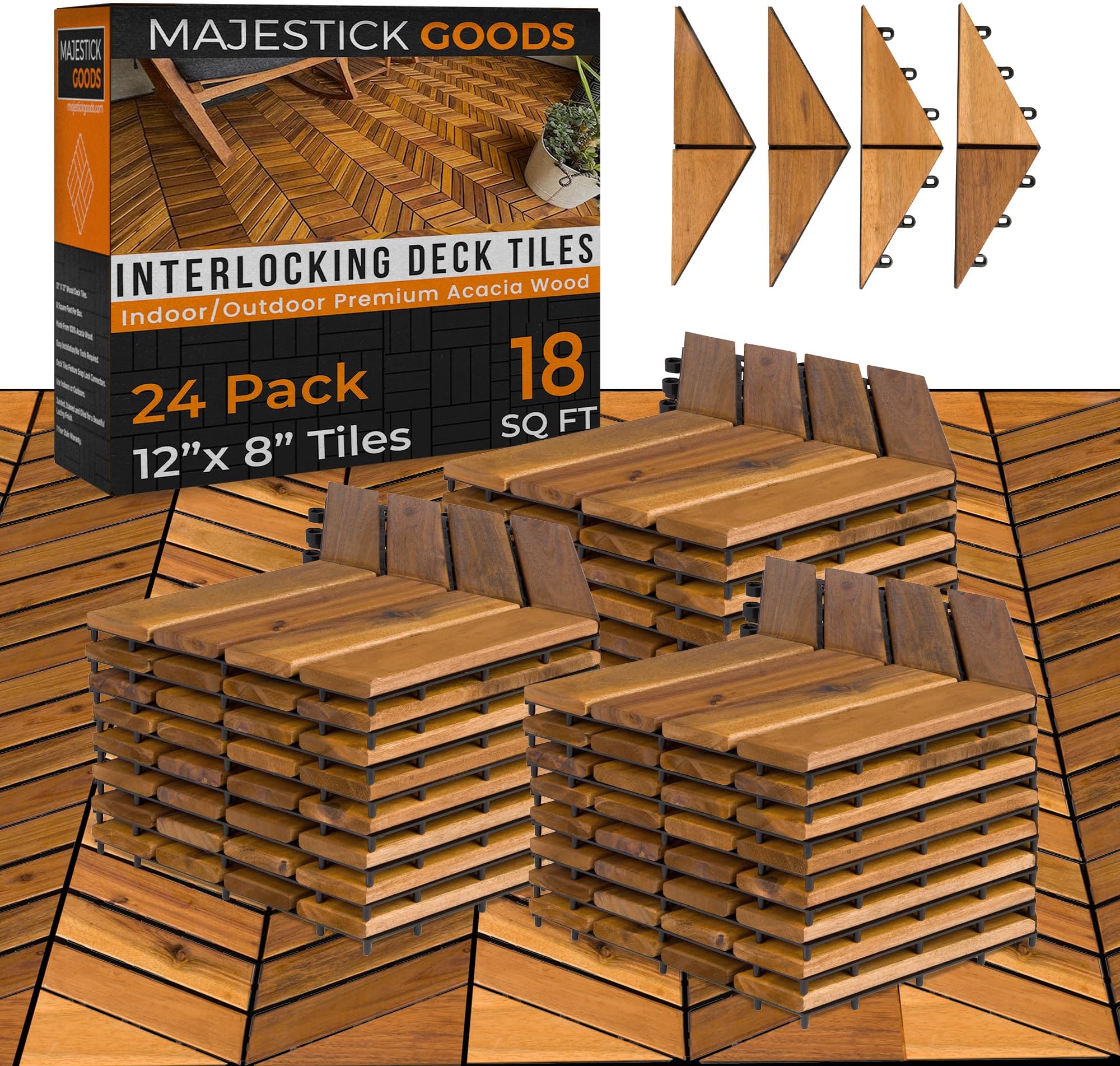 Majestick Goods Interlocking Deck Tiles 12"x8" Herringbone 18 Sq Ft - Acacia Wood Patio Tiles for Outdoor Flooring, Porch & Balcony - Non-Slip Wooden Tile Pavers - Easy to Install, 24 Tiles, 6 Edges