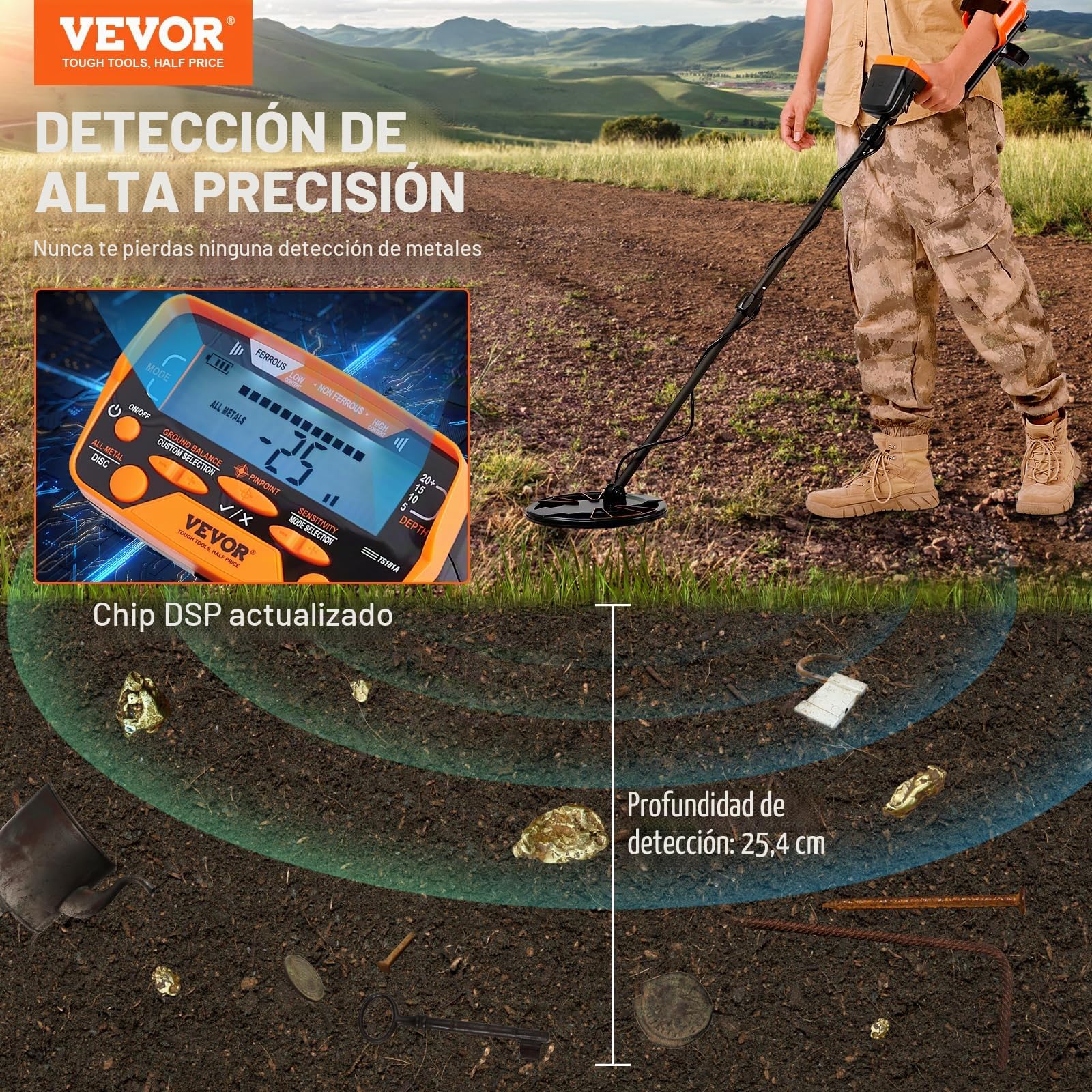 VEVOR Detector de Metales para Adultos y Niños 25,4cm Detector de Metales Profesional Ajustable Resistente al Agua Bobina IP68 Pantalla LCD 7 Modos Chip DSP Avanzado Ligero para Búsqueda de Moneda Oro