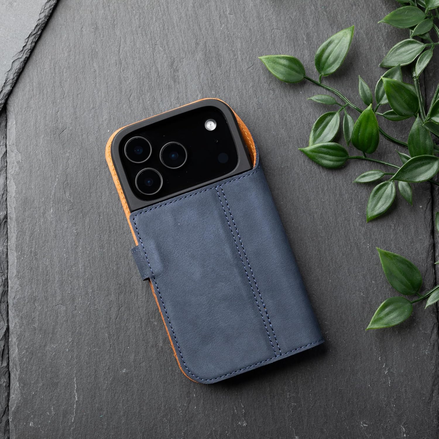 Snakehive Genuine Leather Wallet Case for iPhone 17 Pro – Flip Cover with Card Slots & Stand (Navy)