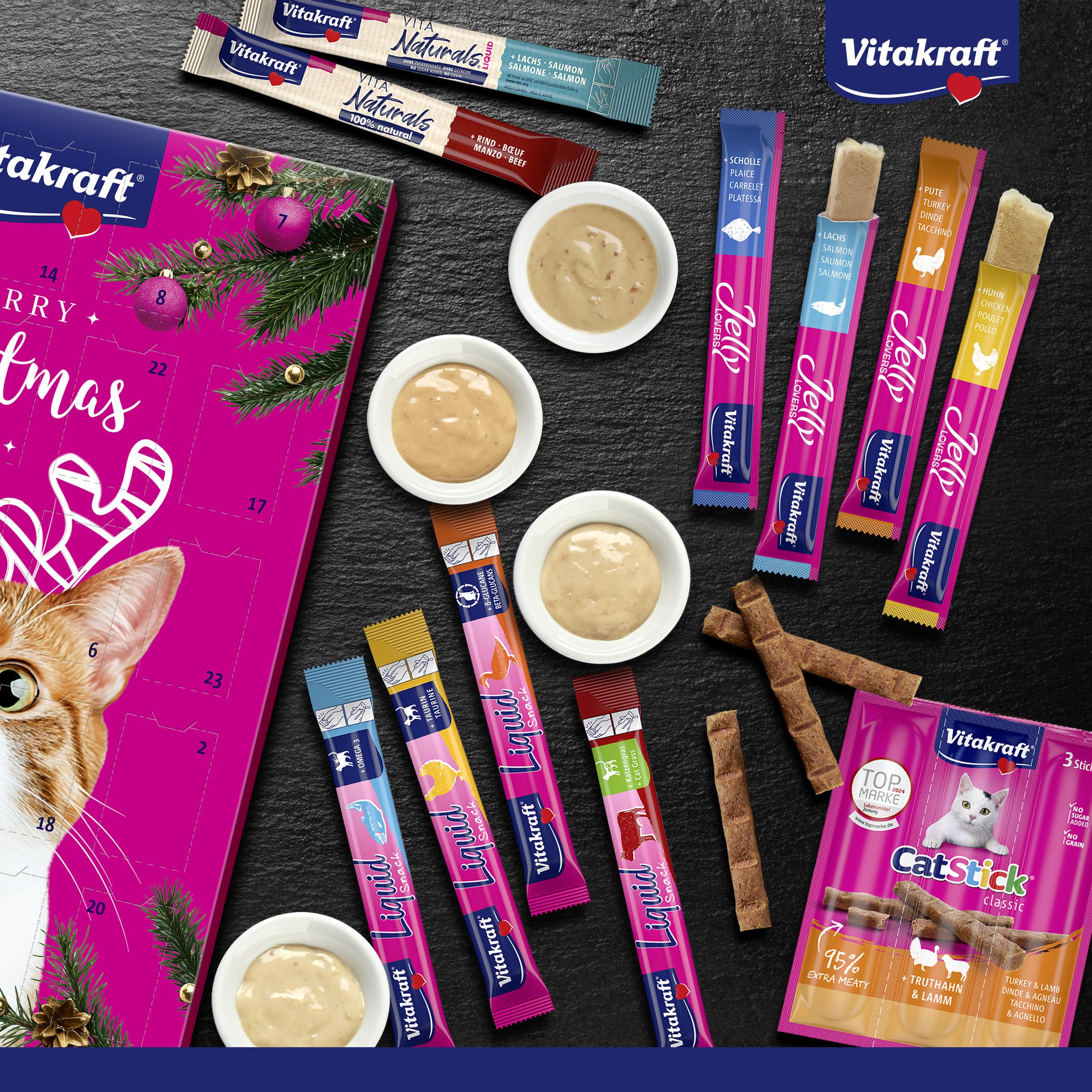 Vitakraft Calendario dell’avvento gatto, per Natale 2025, deliziosi snack selezionati con cura, per il periodo dell’avvento, snack per gatti di tutte le età (1x 363g)