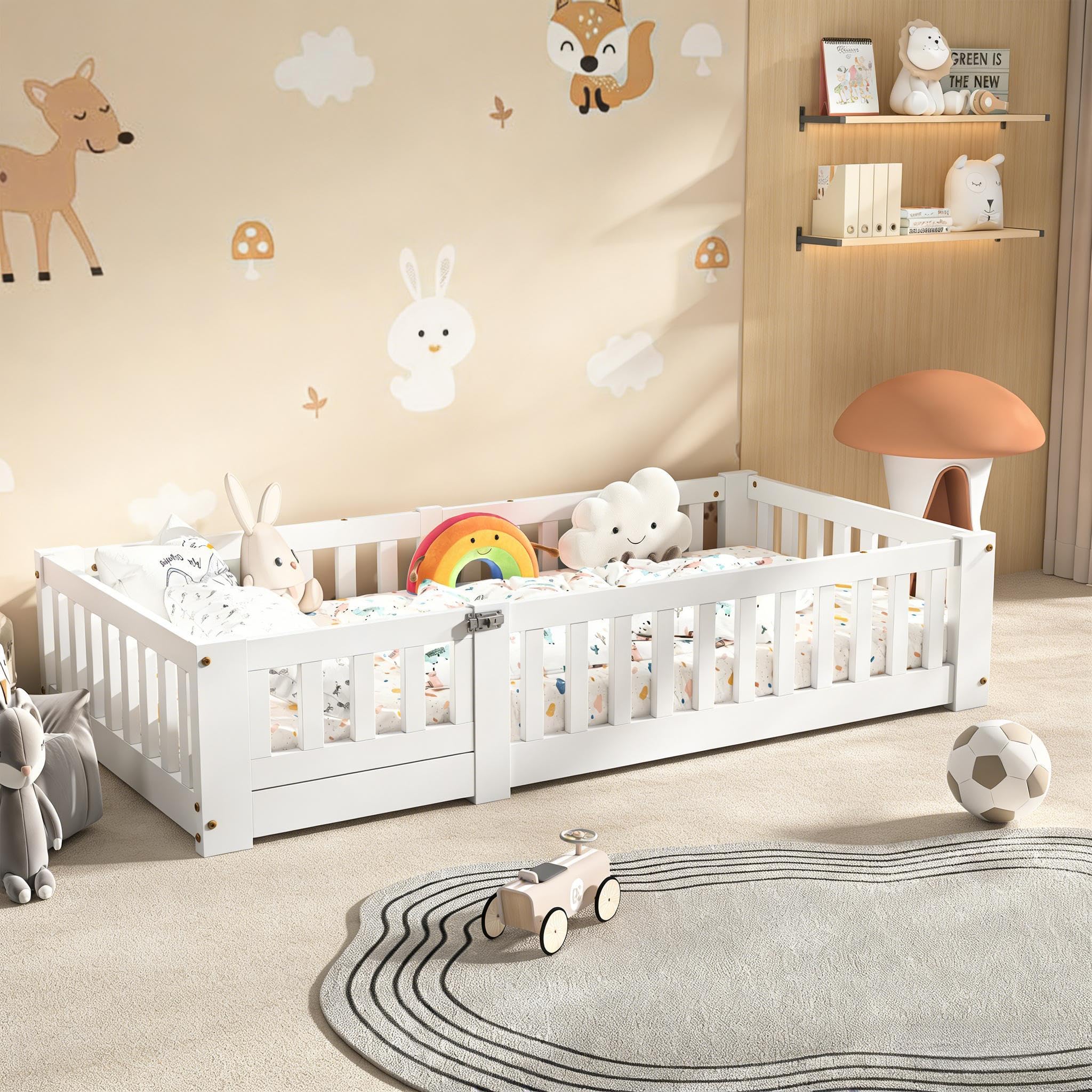 PerGar Montessori - Cama infantil con protección anticaídas, cama de madera maciza, cama junior blanca para niños y niñas, estable, fácil de montar, somier de láminas incluye (120 x 200 cm)