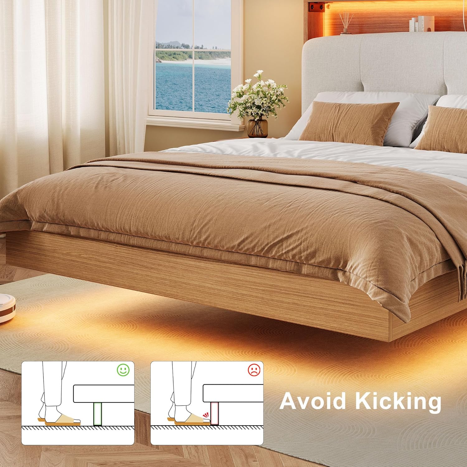 Feonase Floating Bed Frame Queen with Charging Station & Led Light, Wooden Queen Platform Bed Frame w/Upholstered Storage Headboard, Heavy Slats Support, Noise Free, No Box Spring Needed, Walnut