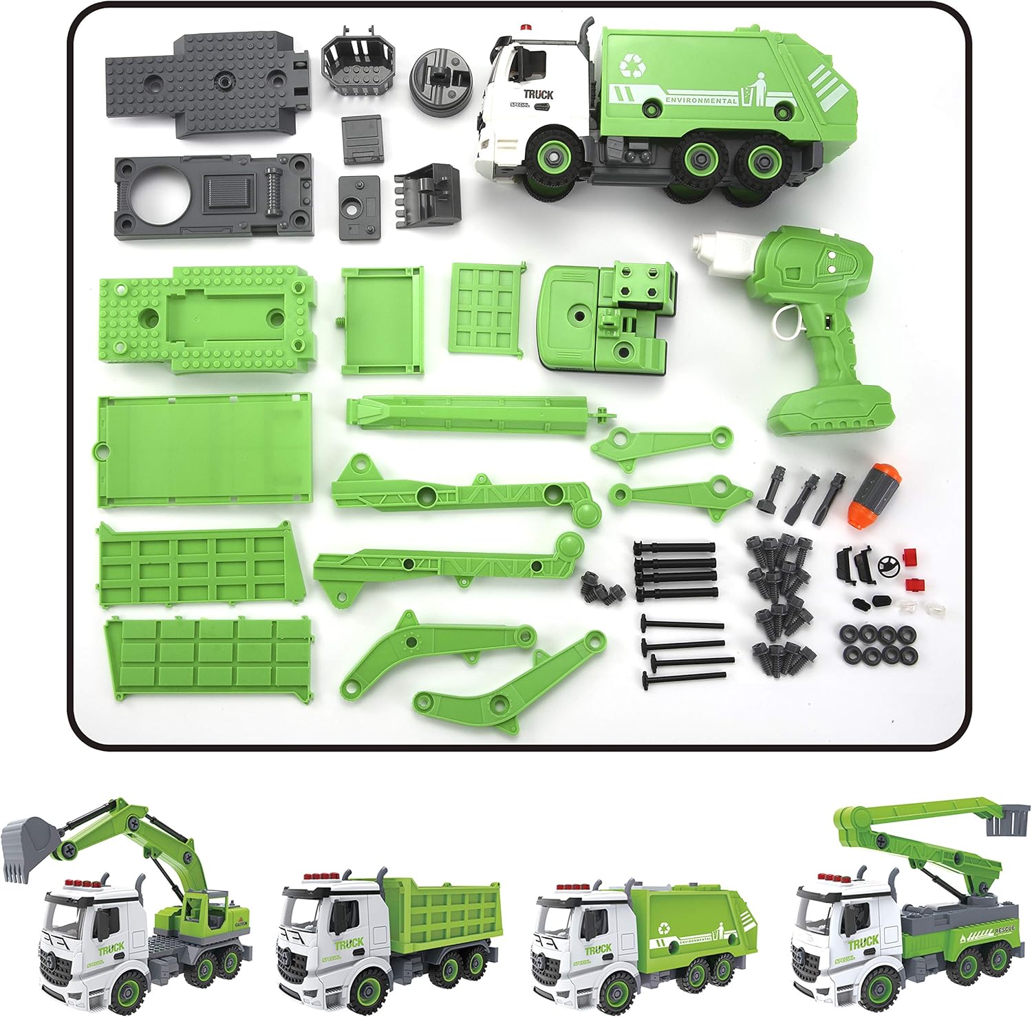 4-in-1 Take Apart Toys with Electric Drill Converts to Remote Control Car Garbage Trucks Waste Management Recycling Truck Toy for Boys: Toys & Games
