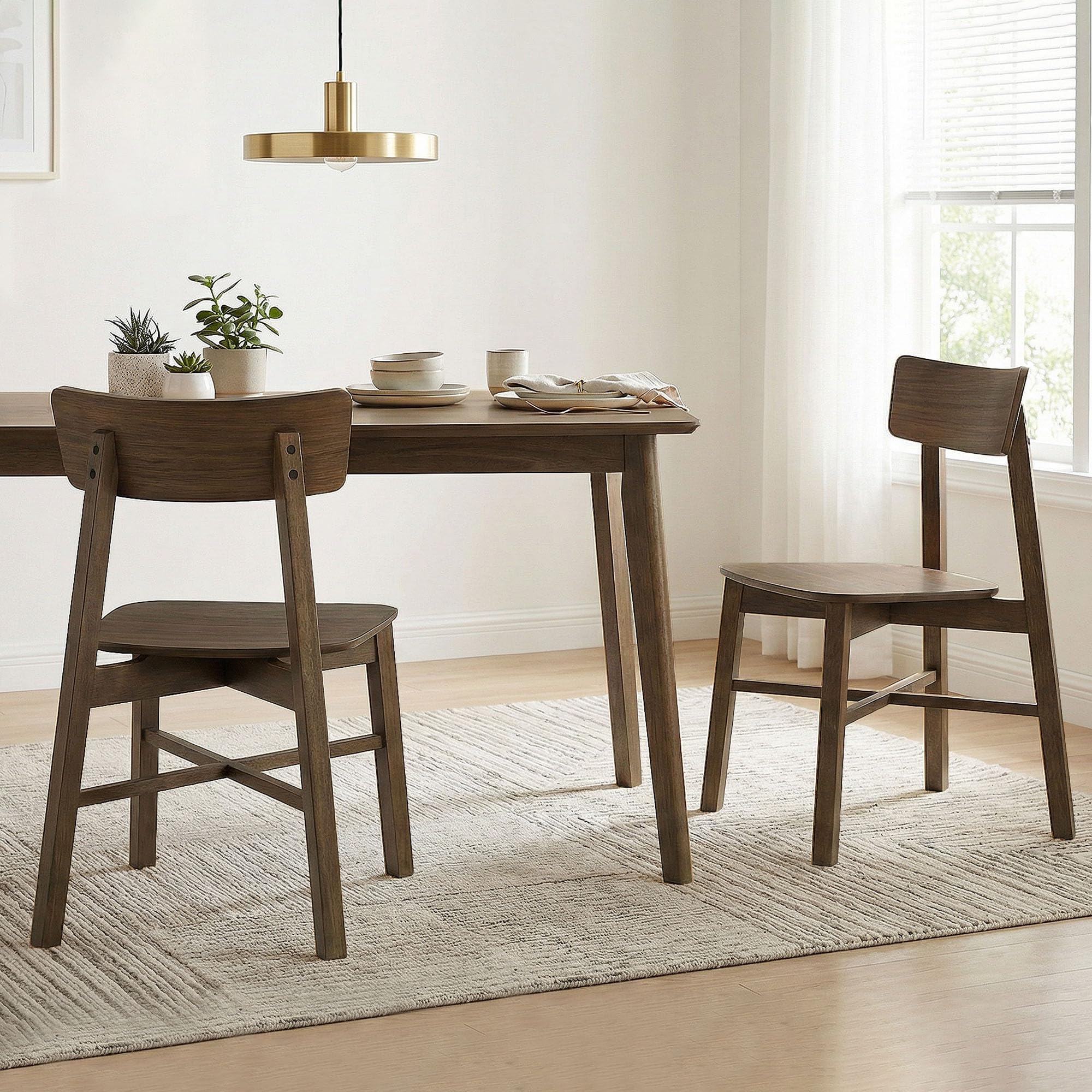 Soild Wood Dining Chairs Set of 2, Mid Century Modern Walnut Wood Kitchen Chairs with Curved Backrest, Dining Room Chair for Kitchen, Restaurant