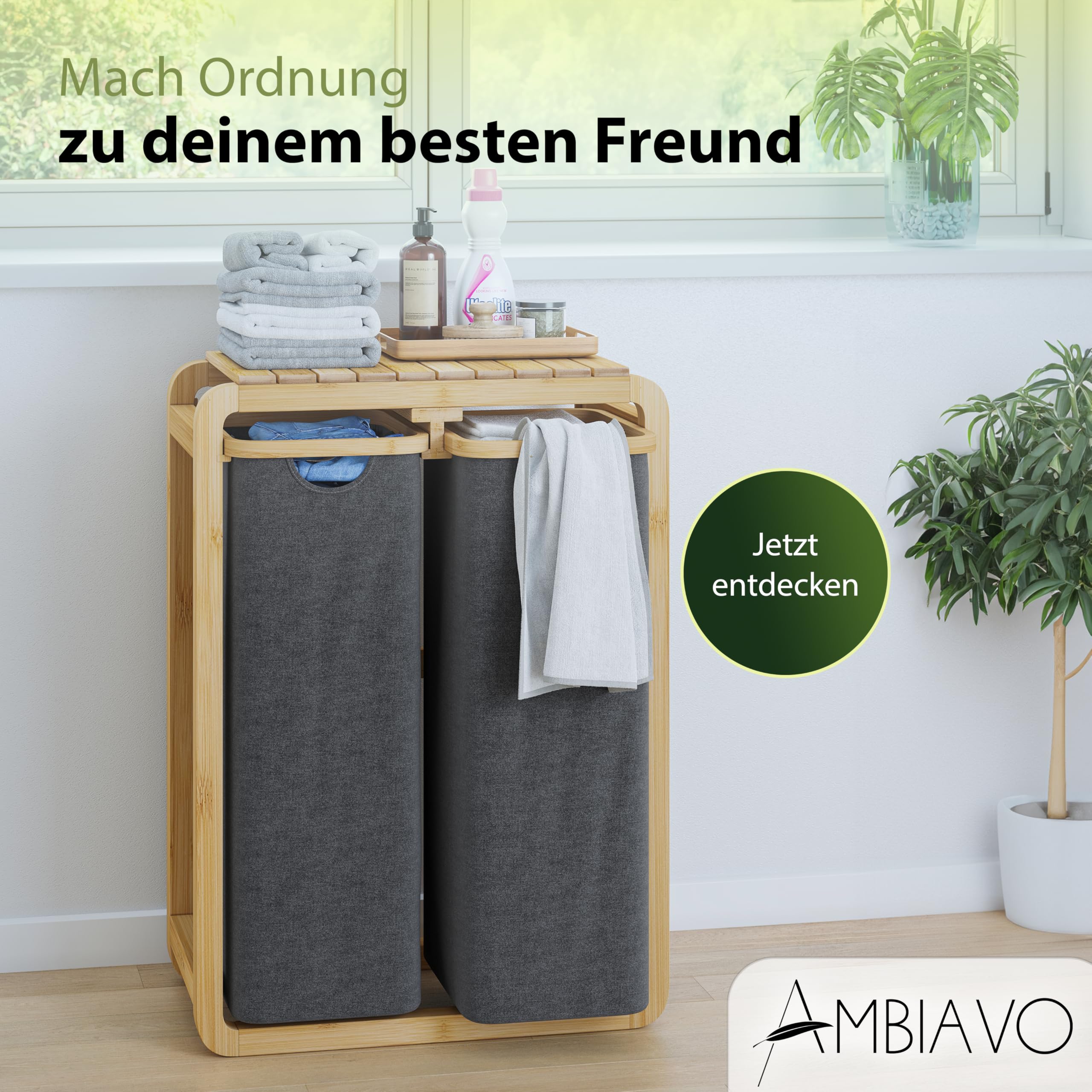 Wäschekorb 2 Fächer grau, schmal & 100 L Bambus · Wäschesammler mit Ablage · 50 L pro Fach · herausnehmbare, waschbare Wäschesäcke