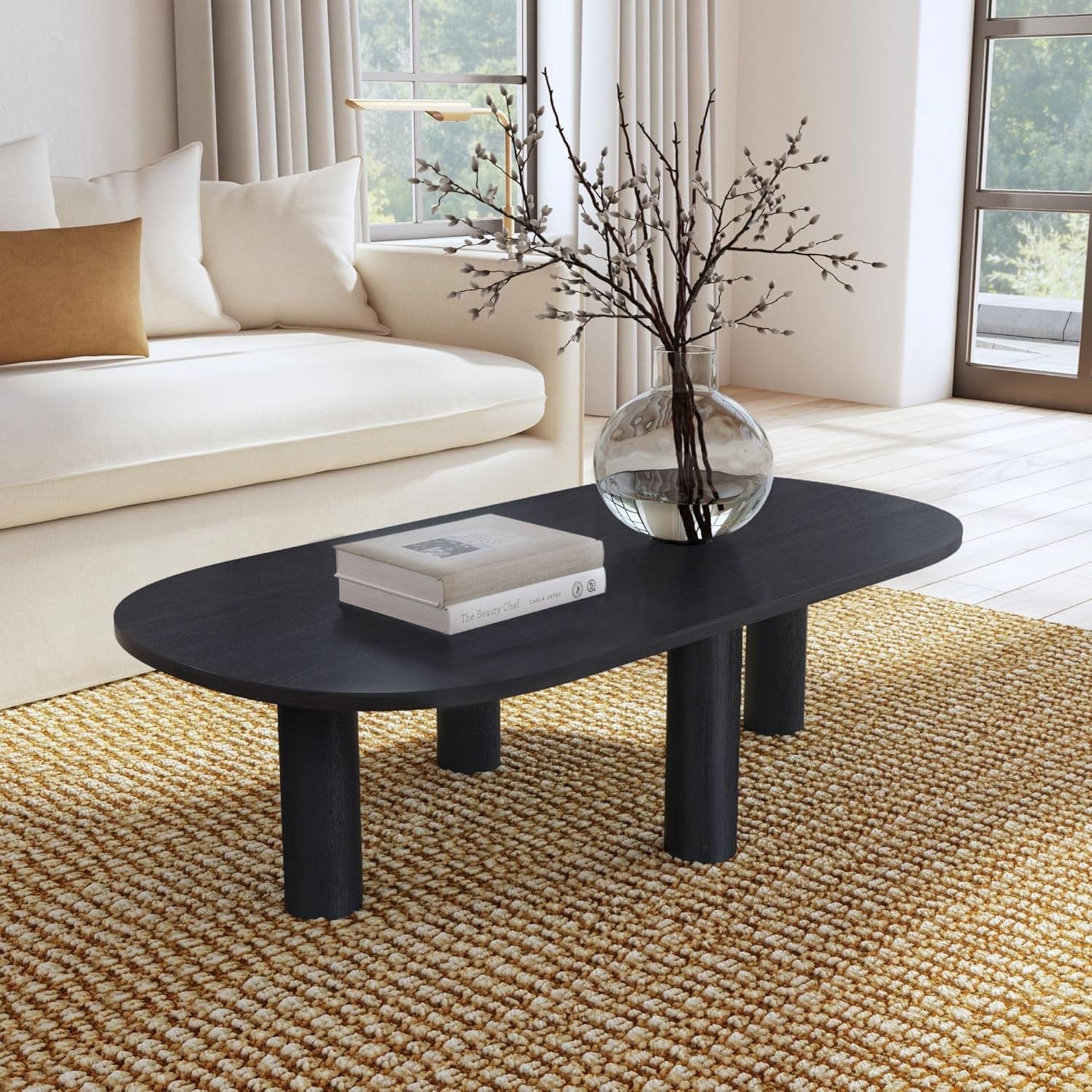 East at Main Kali 52" Black Oval Coffee Table – Solid Mango Wood, Scandinavian Modern Farmhouse, Living Room Centerpiece