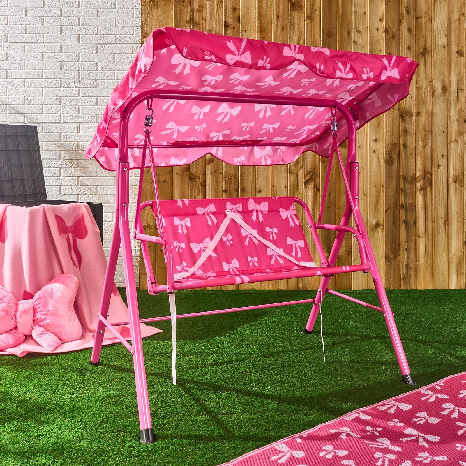 Ohs Bows - Hot Pink Bow Print Canopy Garden Swing 2 Seater, Weatherproof Kids Swing Chair With Roof & Backrest Non-Slip Feet Adjustable Canopy Rocking Bench Comfy Outdoor Patio Garden Seat Up To 60Kg, Hot Pink