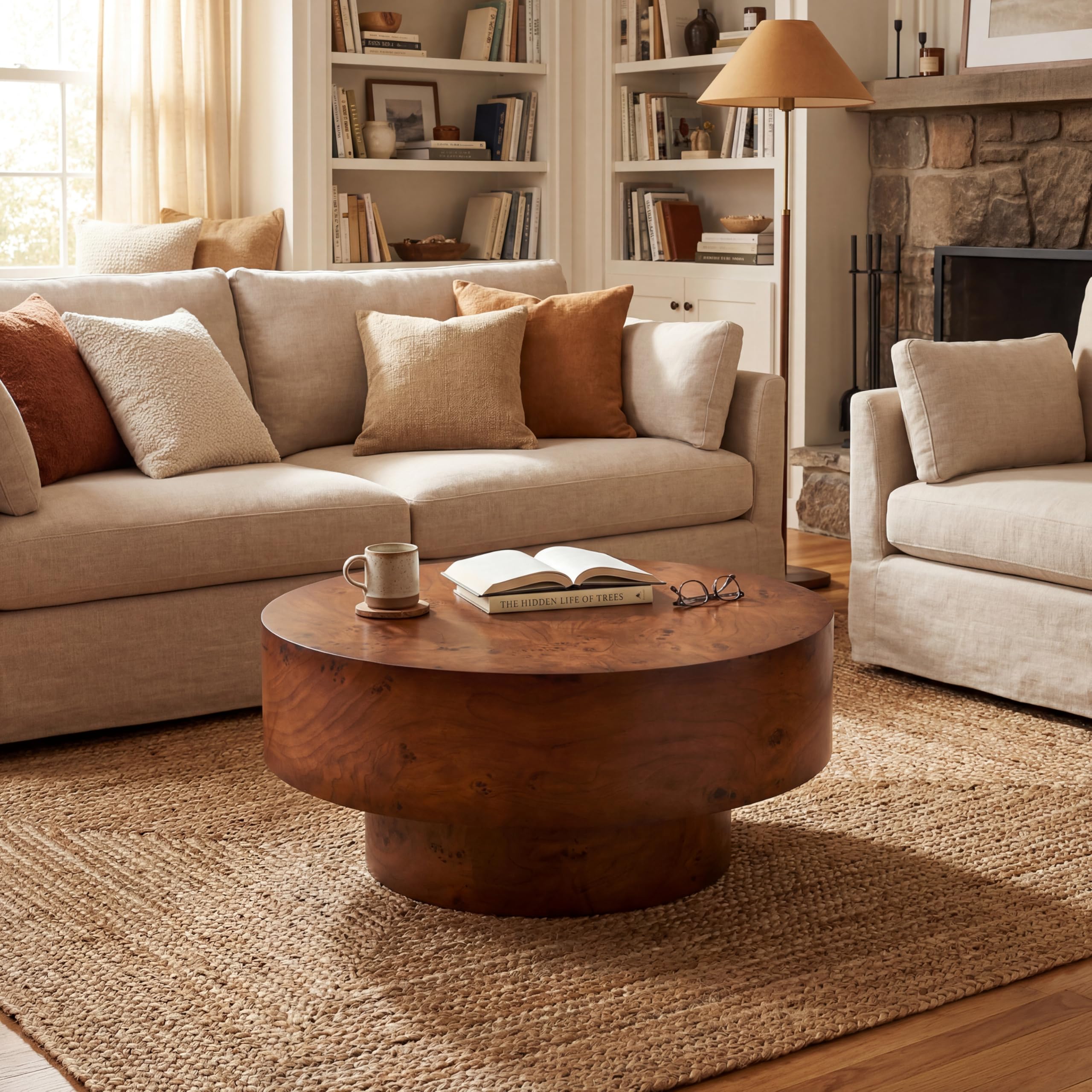 Christopher Knight Home Idla Modern Round Coffee Table, MDF Wood Coffee Table with Pedestal Base, Wooden Center Table for Living Room, Burl Veneer