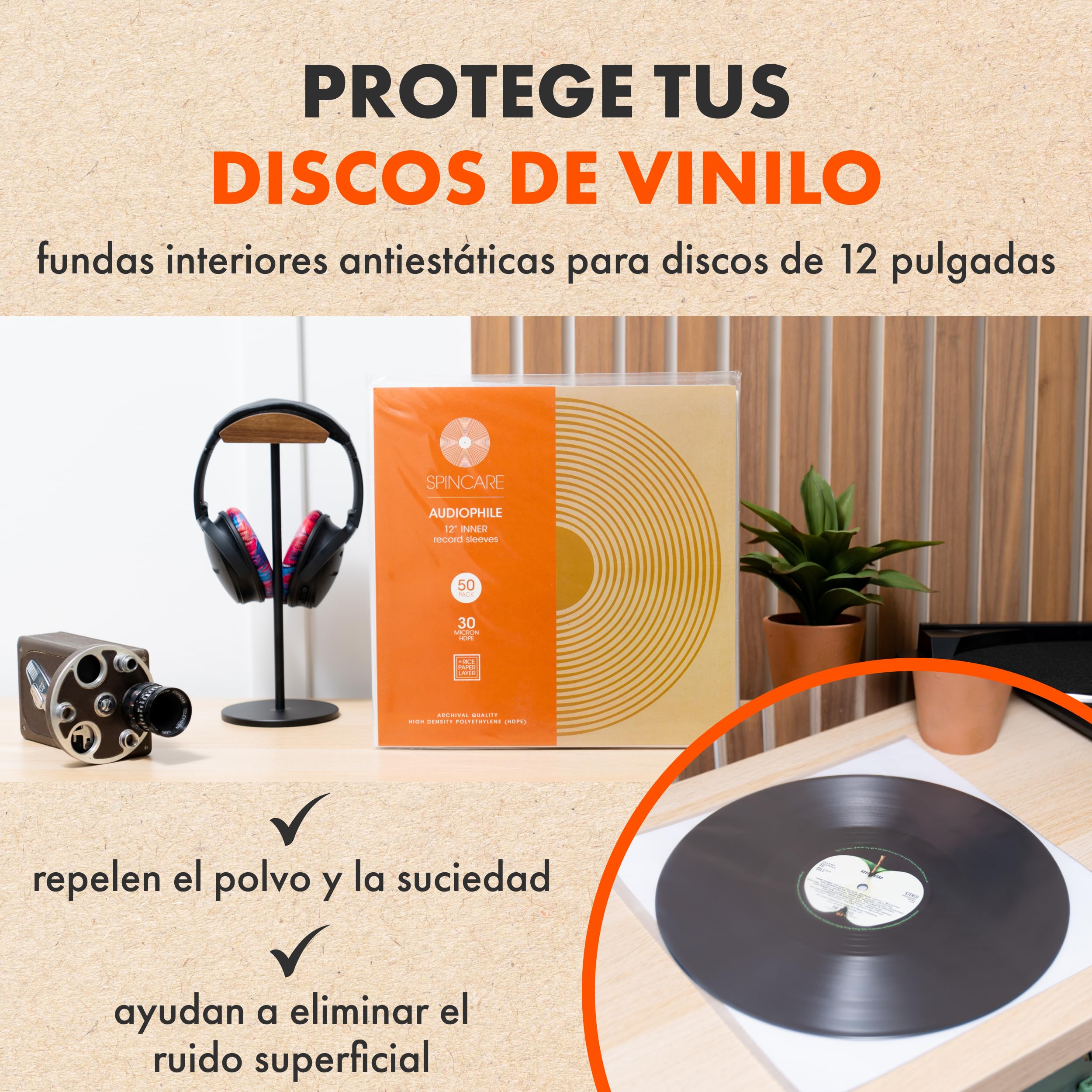 SPINCARE Fundas Interiores Vinilo LP 12" 33 RPM Antiestático Antirayaduras 100 Micras 100x