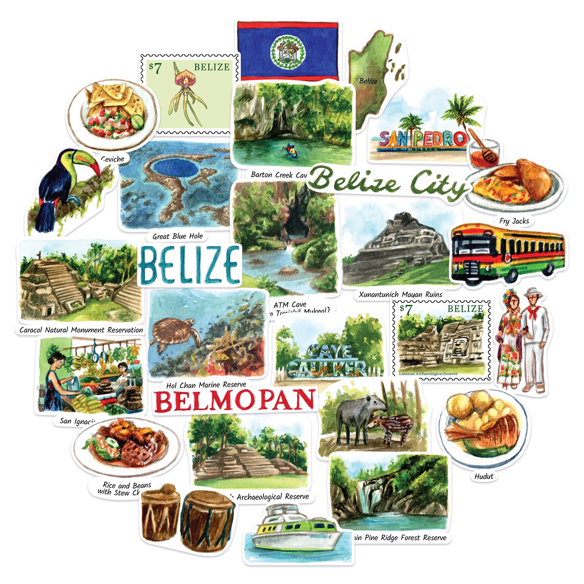 Navy Peony Breezy Belize Travel Stickers (28pcs) - Watercolor, Caribbean, Belmopan, Belizean-Themed Decals for Journals, Scrapbooks, Luggage