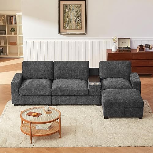 Vista 10 de Sofá modular de 122 pulgadas con consola y portavasos, sofá en forma de L con diván convertible, sofá de 4 asientos con otomana de almacenamiento