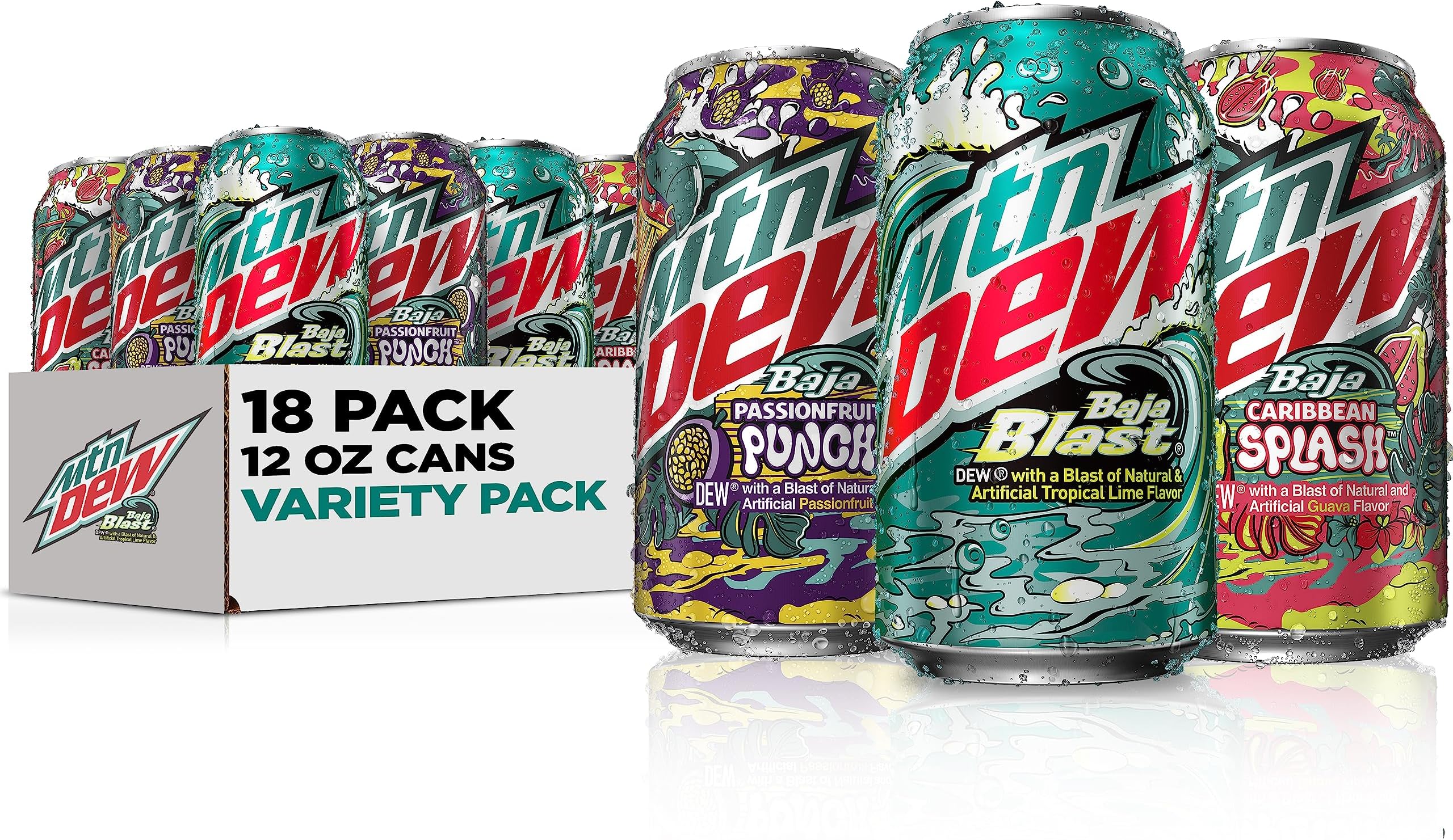 MTN DEW Baja Tropics 3 Flavor Variety Pack, 12oz Cans, (18 Pack), Limited-Time Only