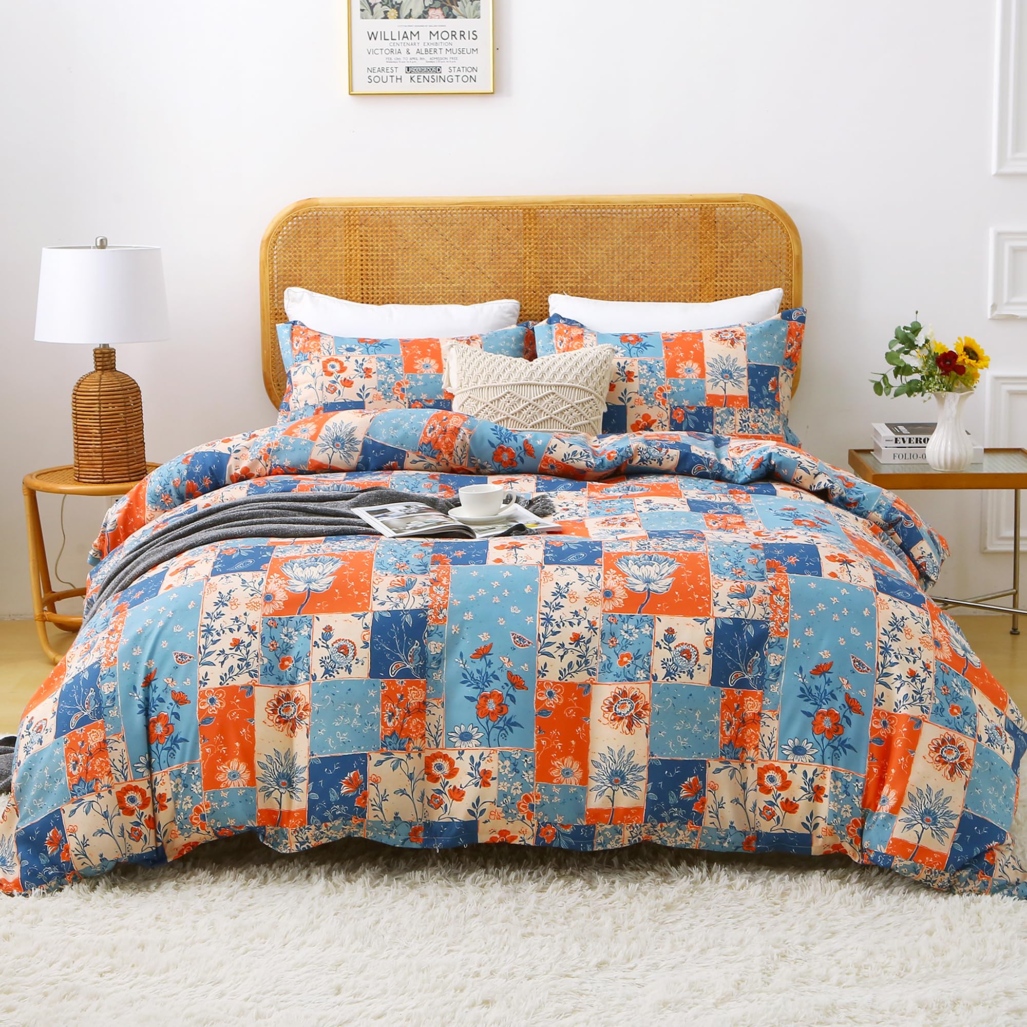 Mooreeke Duvet Cover King Size, 3 Piece Boho Montage Floral Duvet Cover Set with Zipper Closure, Soft & Breathable Microfiber Botanical Patterns Bedding Set with 4 Corner Ties and 2 Pillow Shams-image-17