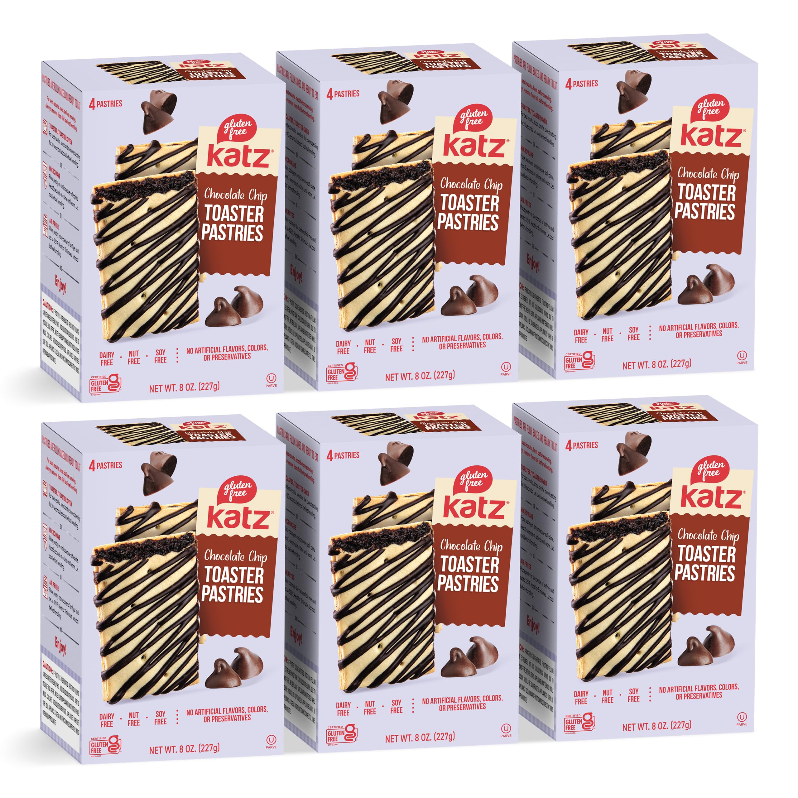 Katz Gluten Free Chocolate Chip Toaster Pastries. Breakfast Foods Snacks. Free of Dairy, Peanuts, Tree Nuts, and Sesame, No Artificial Color. Kosher.