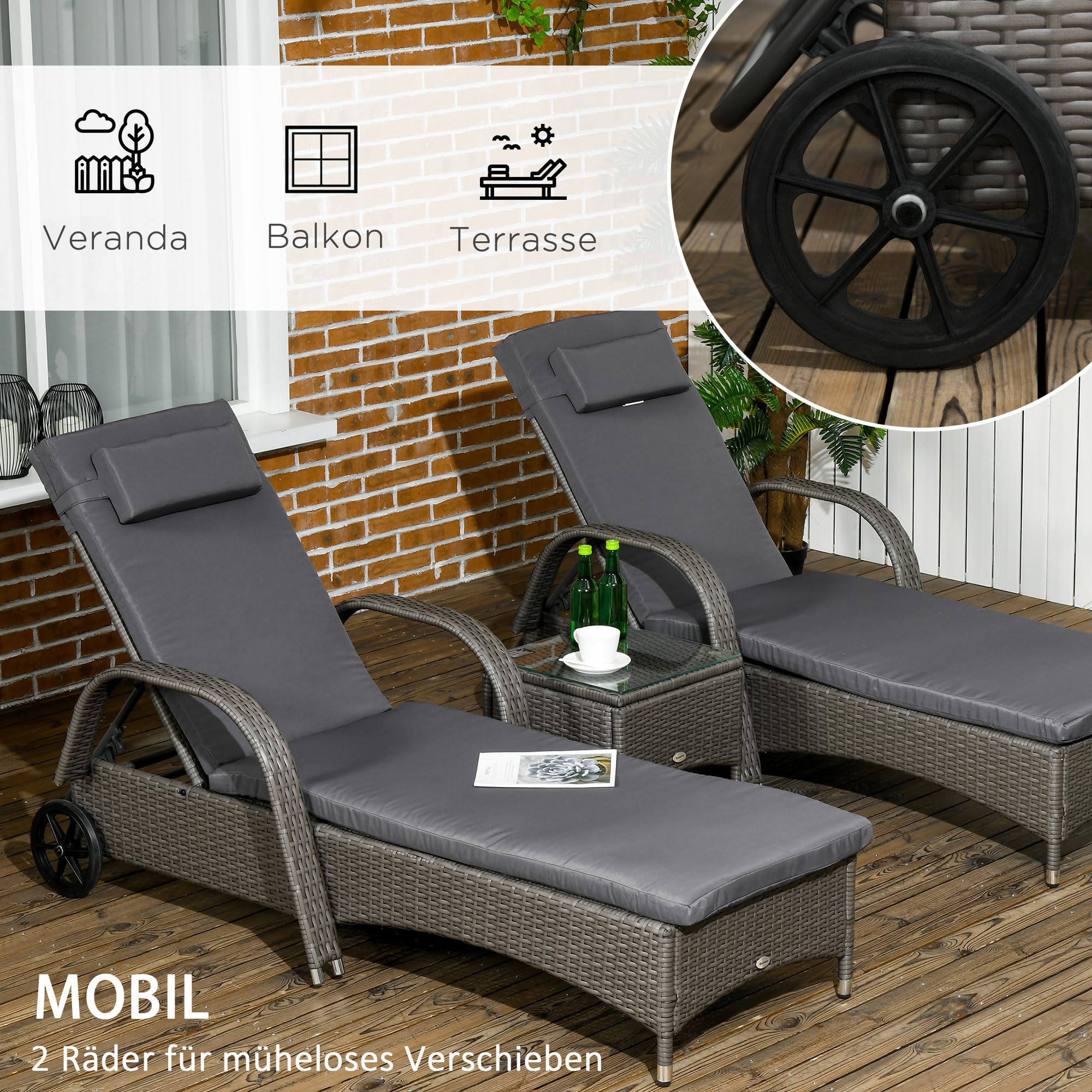 Outsunny Sonnenliege Gartenliege Tisch 3er-Set Gartenmöbel, Polyrattan+Metall Grau+Dunkelgrau
