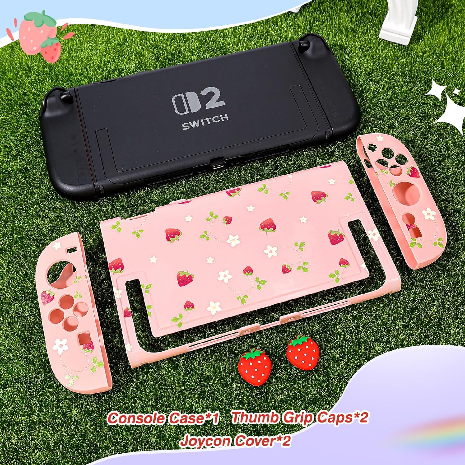 DLseego Protective Hard Case for Nintendo Switch 2 2025, Soft Grip Cover for Joy Con,Detachable JoyCon Controller shockproof & scratch-resistant Console Shell, 2 Thumb Grips, Strawberry - Pink 3 - Image 7