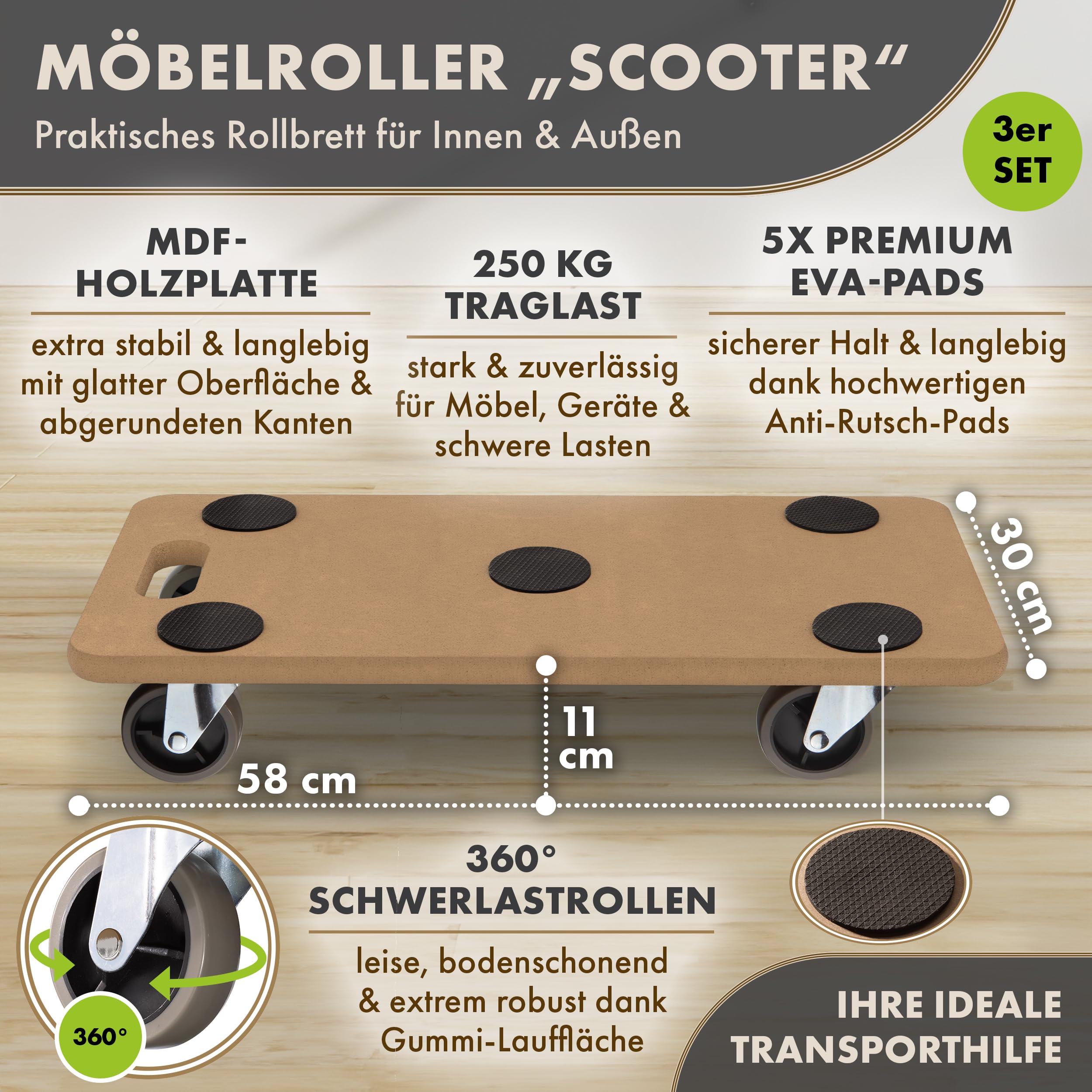 TTL Home Juego de 3 ruedas para muebles, 58 x 30 x 11 cm, carga de 250 kg, ruedas giratorias de goma 360°, ruedas giratorias y 5 almohadillas antideslizantes, carrito para objetos pesados para