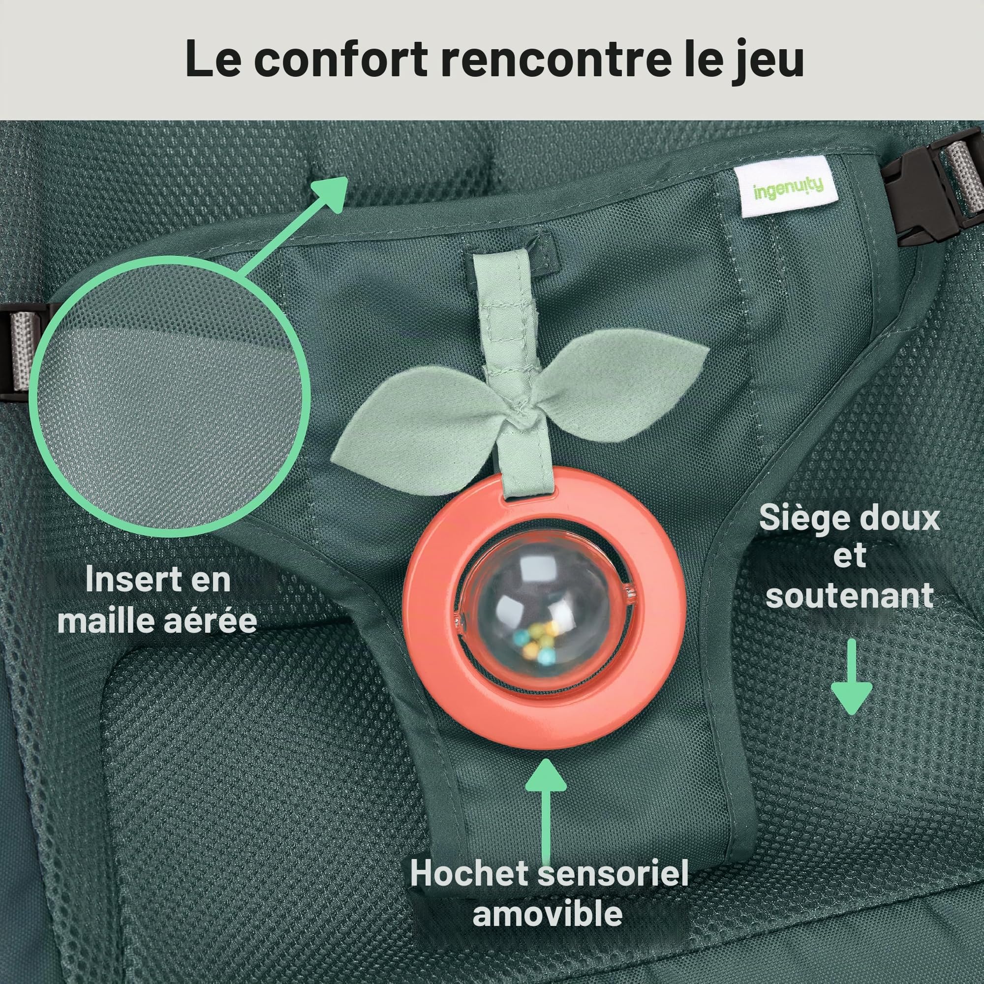 Ingenuity Stow & Go transat bébé compact pliable, siège portatif léger avec vibration et jouet, vert, moins de 2,3 kg