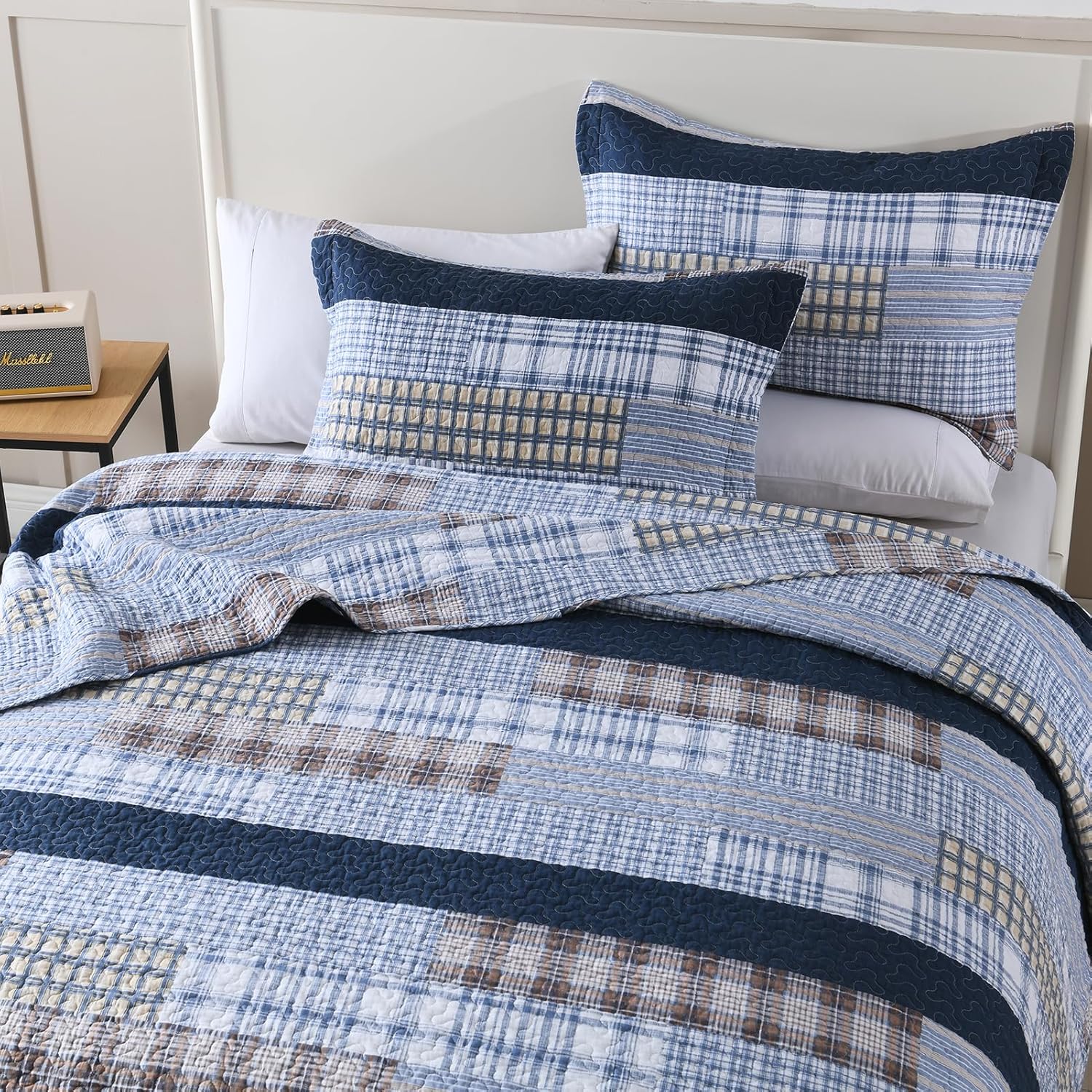 Y-PLWOMEN Queen Quilt - 100% Cotton Reversible Farmhouse Striped Bedspread, Lightweight Cozy Modern Country Bedding for All Seasons, Blue, 3 Piece (1 Quilt + 2 Pillow Shams)