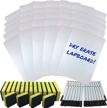 Clipco Dry Erase Lapboard Classroom Kit, Set of 30 Whiteboards, Black Dry Erase Markers and 2 x 2 Erasers