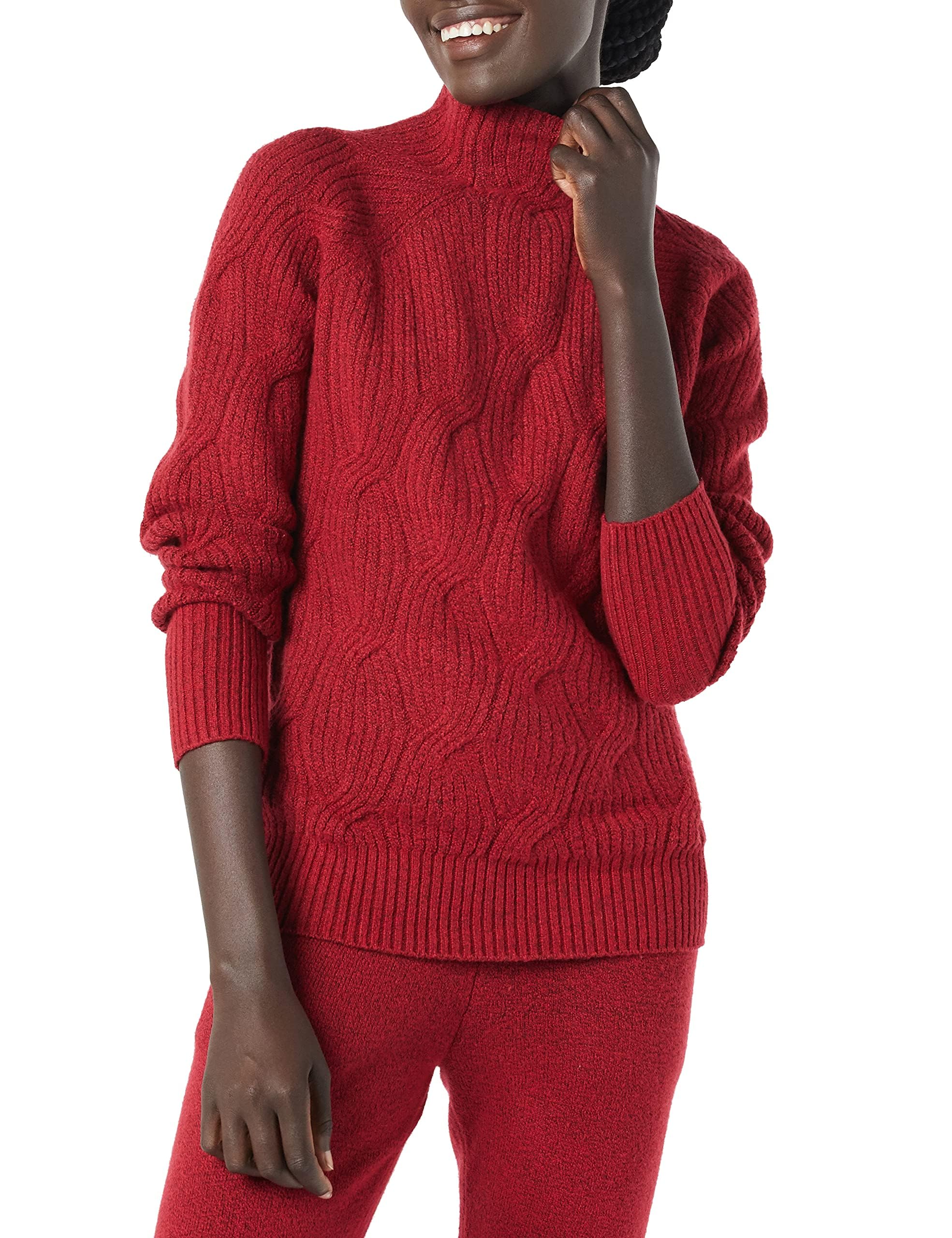 Amazon Essentials Trichterkragen-Zopfpullover Dunkelrot Größe M