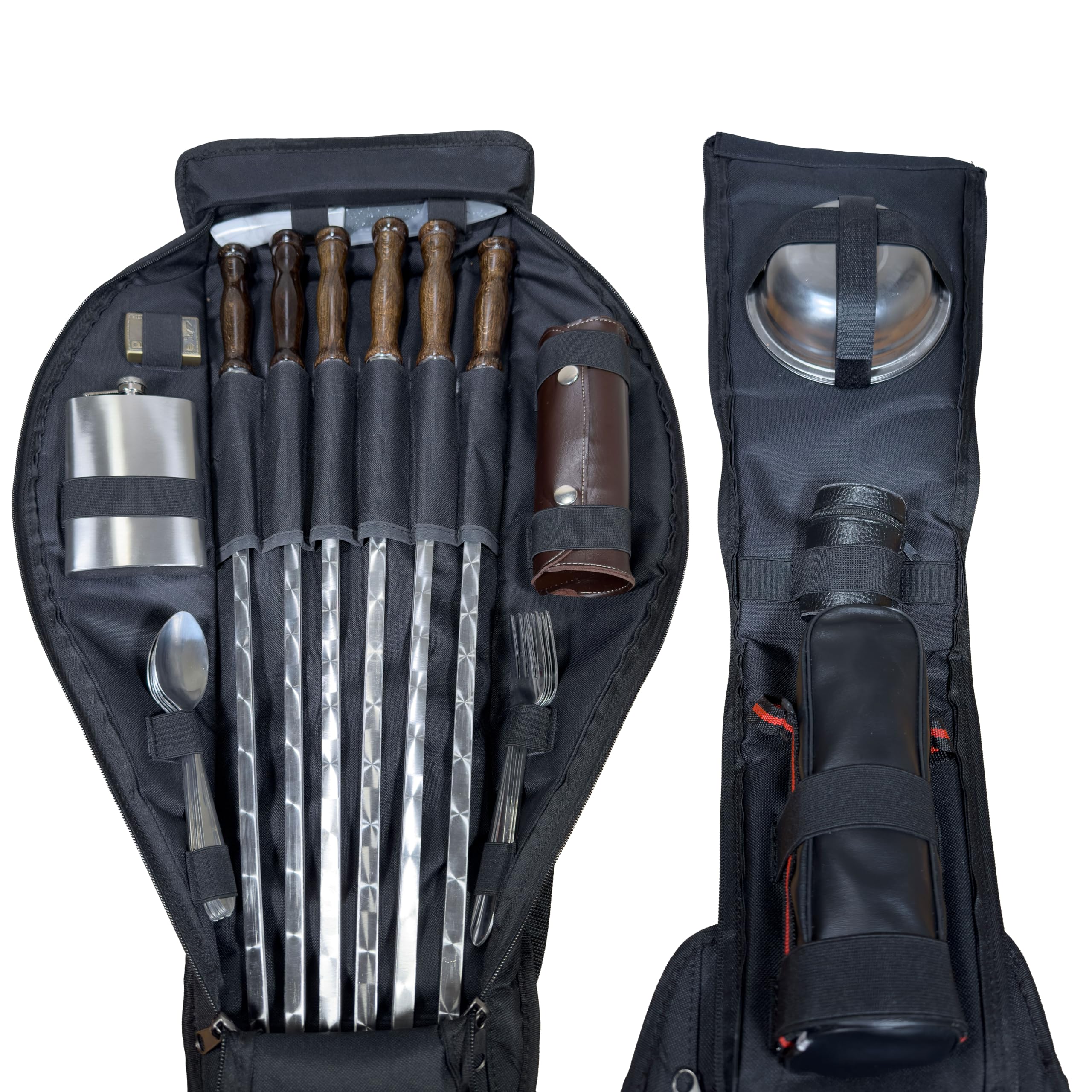 Camping Geschirr Set im Rucksack für 6 Personen – Outdoor Picknick Set mit Besteck, Tellern, Bechern, Thermoskanne, Holzspießen, Keramikmesser & Feuerzeug – Ideal für Wandern, Fahrradtouren,