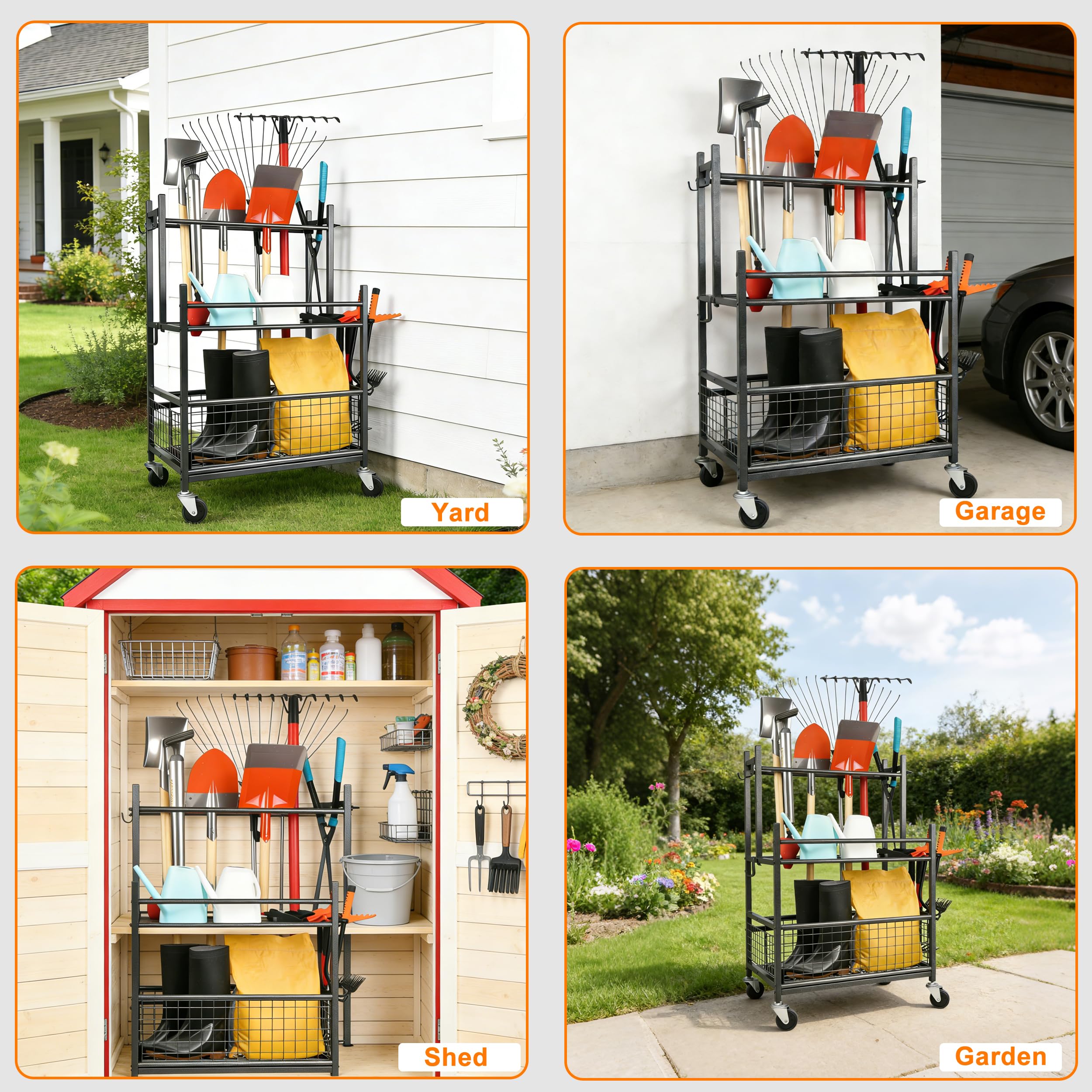 Gartengeräte Organizer mit Feststellrollen,Schwerlast Metall Gartengeräteständer,16 Fächer+19 Haken für langgestielte Geräte/Staubsauger/Rasenrechen,ideal für Garage, Schuppen & Außenbereich