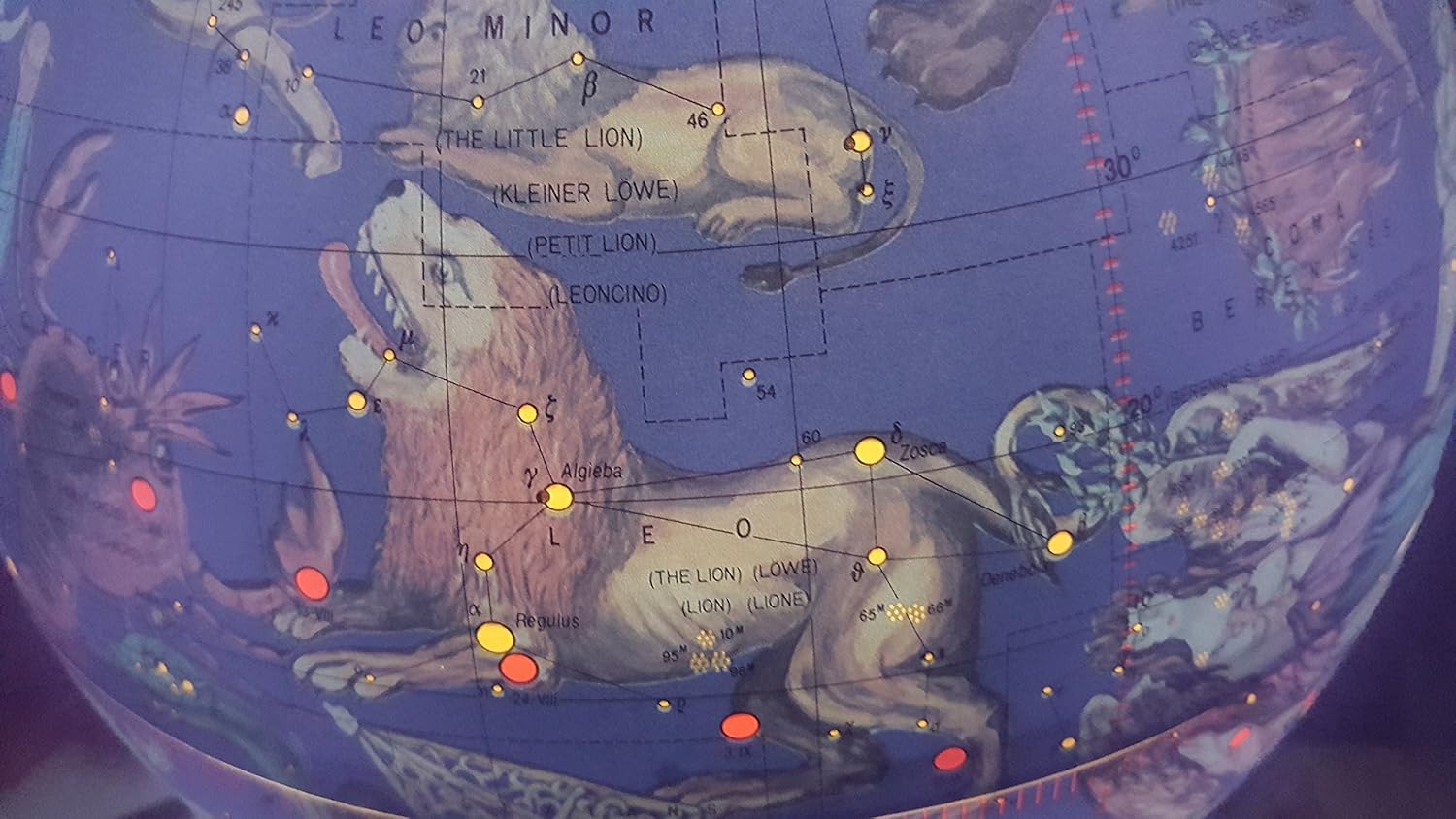 Constellation 12" Diamter Illuminated Globe, Dual map, Detailed sky map, Turn the Light ON to see all of the Constellations that represent 12 different Zodiac Signs(12"/30cm diameter). Provoke your imagination in new ways. With brightly illuminated starts, constellations and nebulae, this globe allows you to witness the luminous beauty of approximately 70 celestial images. Features a molded black base and a smoke colored semi-meridian.