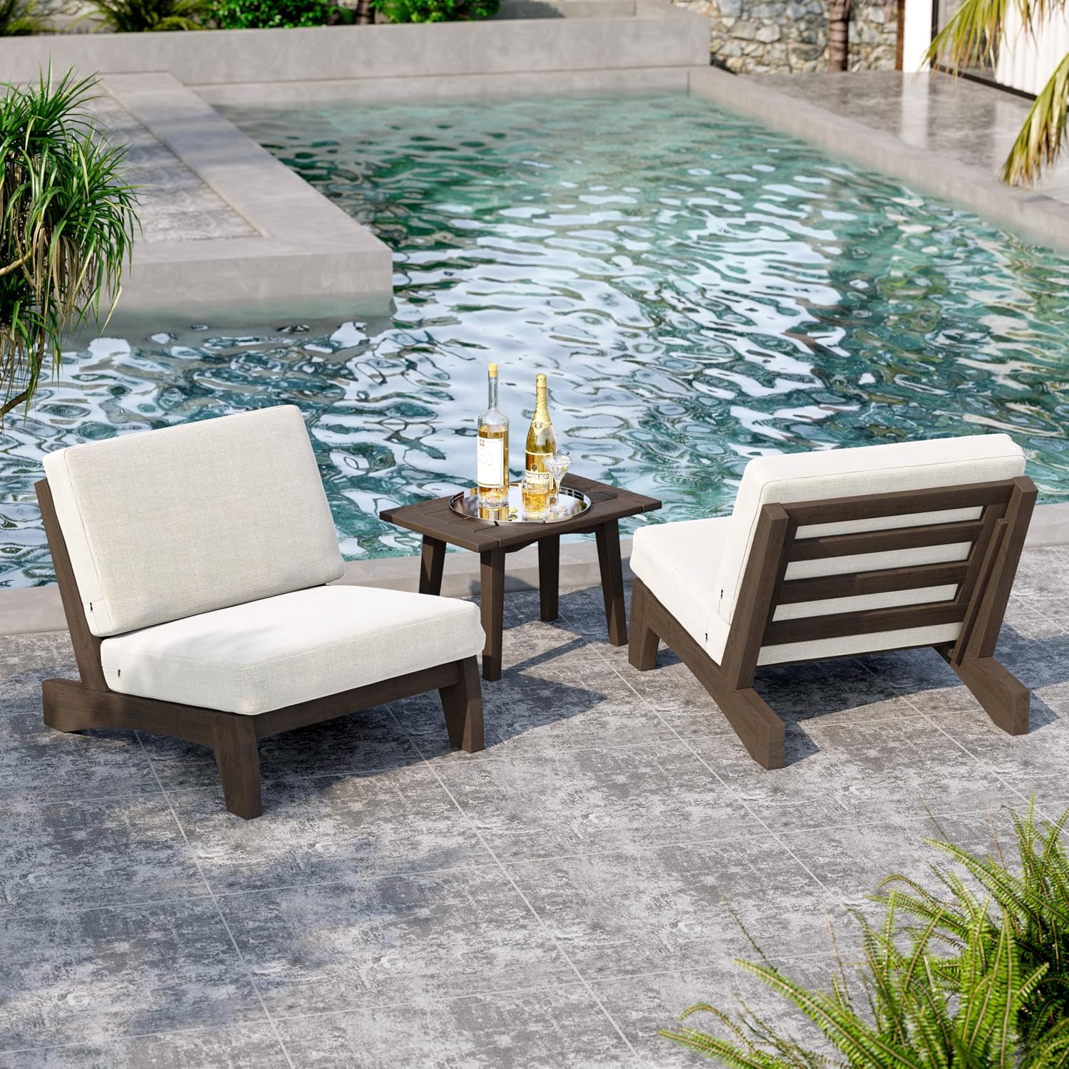 2 Piece Wood Patio Chair Outdoor Bistro Set, All Weather Outdoor Furniture Patio Sofa Chair Backyard Seating Group Conversation Sets with Cushions, Beige