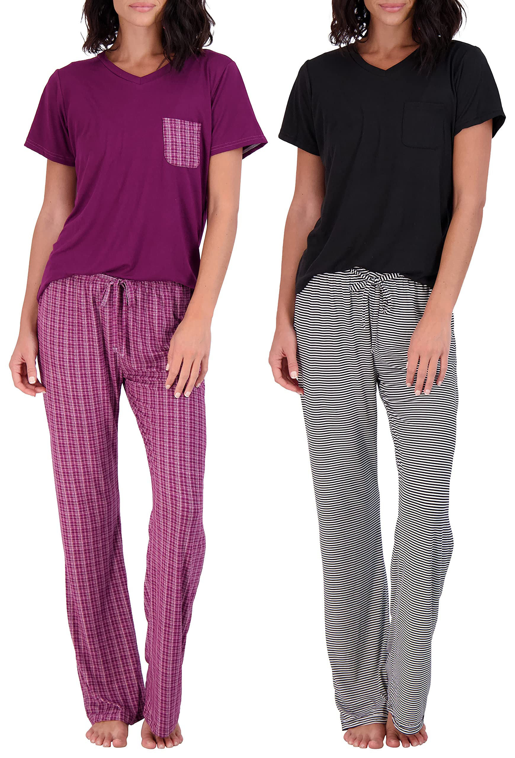 Real Essentials2 Pack: Women’s Pajama Set Super-Soft Short & Long Sleeve Top With Pants (Available In Plus Size)
