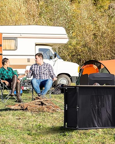 Miniatura 2 de KingCamp Mesa de cocina plegable de bambú natural, mesa portátil multifuncional de aluminio de gran tamaño con poste de linterna, ganchos laterales,