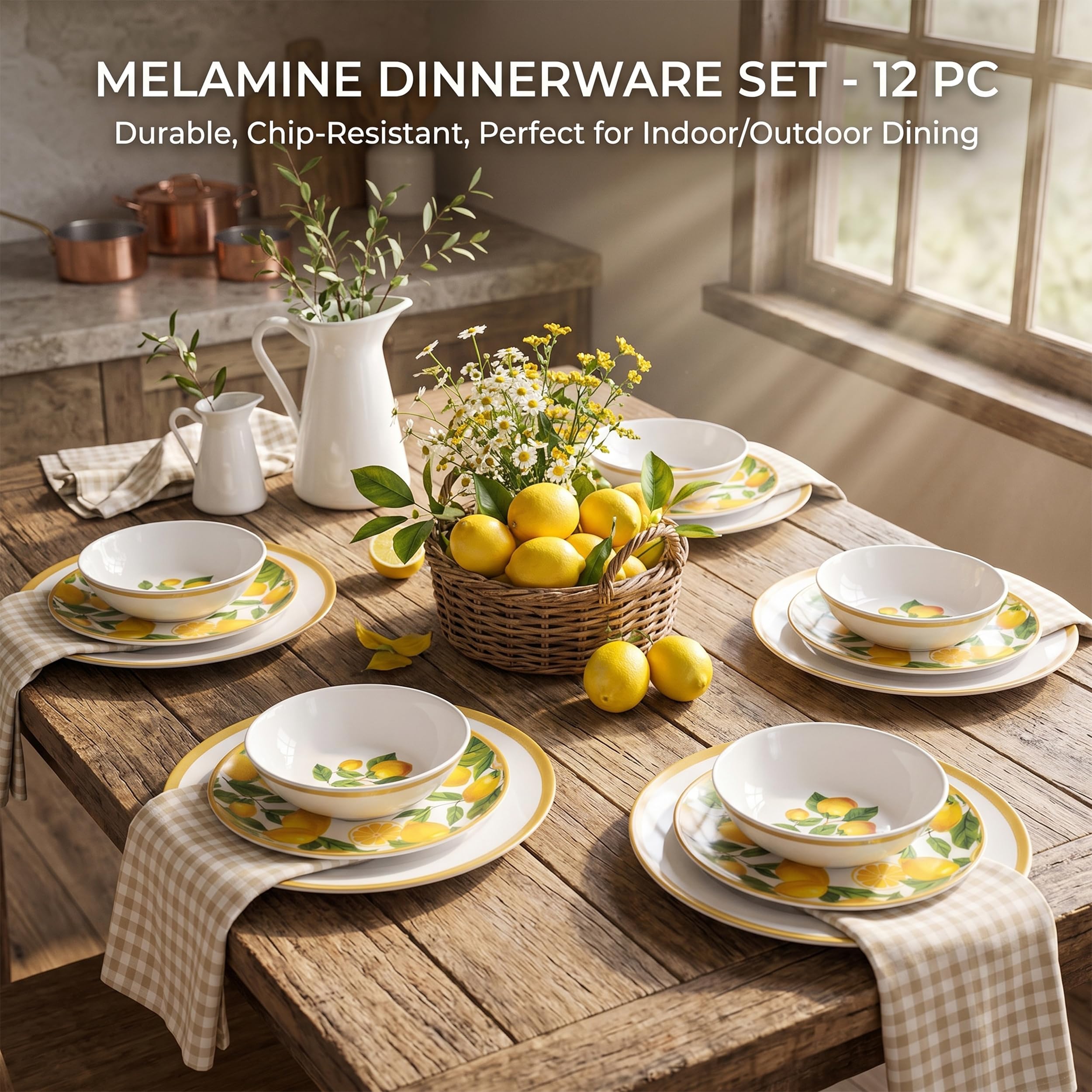 Melamin-Geschirr-Set, 12-teilig für 4 Personen, Zitronen-Design, BPA-frei, für drinnen und draußen