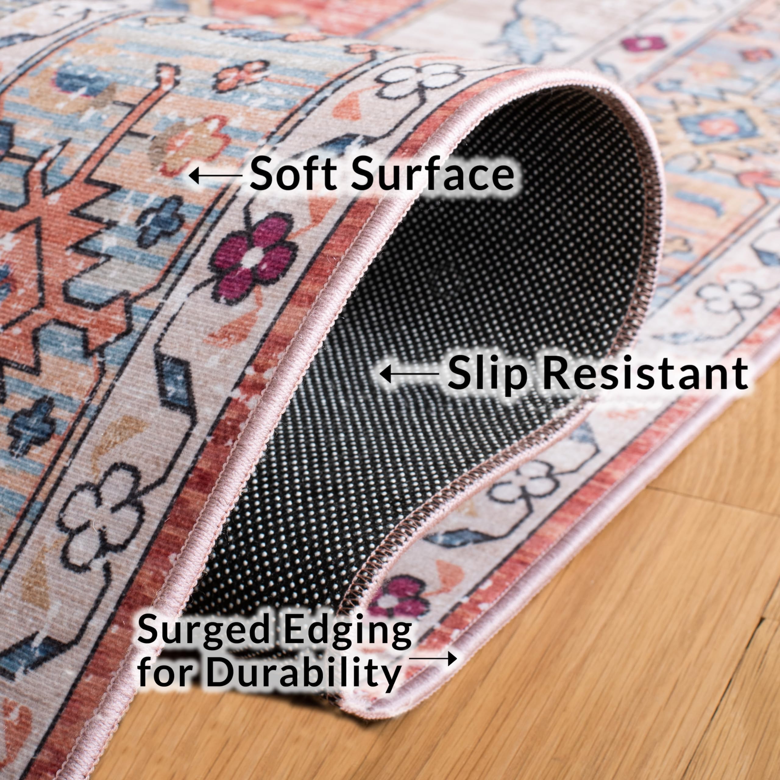 Tapis Safavieh Tucson 200x300 Cm - Poil Court, Lavable En Machine - Couleur Gris Clair Et Rouille - Antidérapant Et Résistant - Pour Salon, Chambre