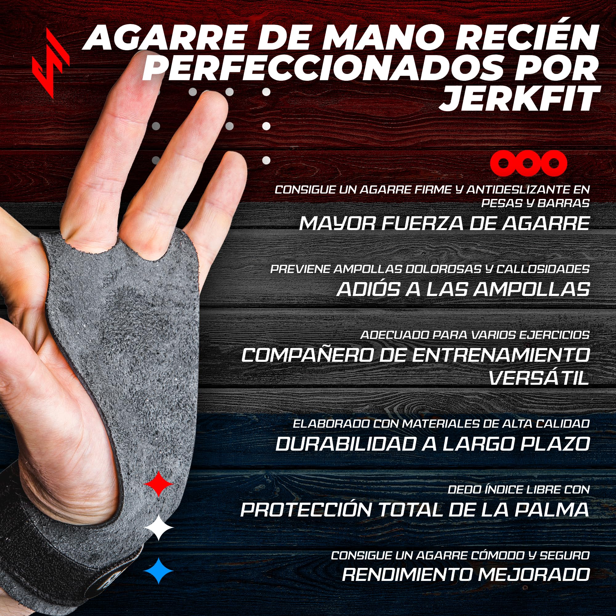 JerkFit Raw Grips Agarre de Cuero 2 Dedos para Gimnasia Cross Training Protección de Palmas Levantamiento de Pesas