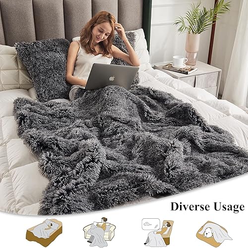 Miniatura 3 de XeGe Juego de 3 piezas de manta y fundas de almohada de piel sintética mullida de 50 x 60 pulgadas, manta de felpa lanuda de forro polar de 20 x 20