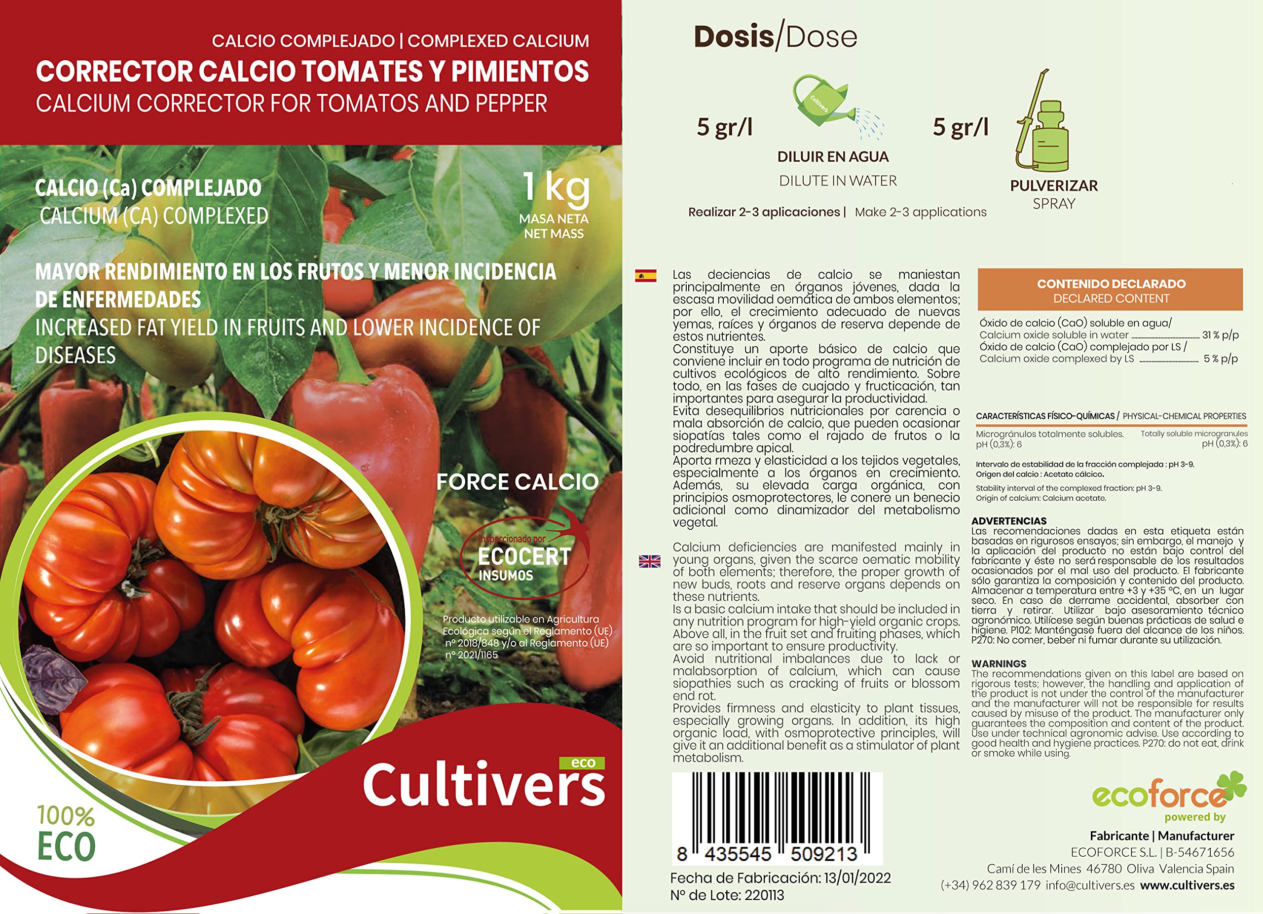 CULTIVERS Engrais calcium pour tomates et poivrons 1 kg, écologique, action immédiate, correcteur de carences, améliore la fructification et renforce la résistance naturelle des cultures