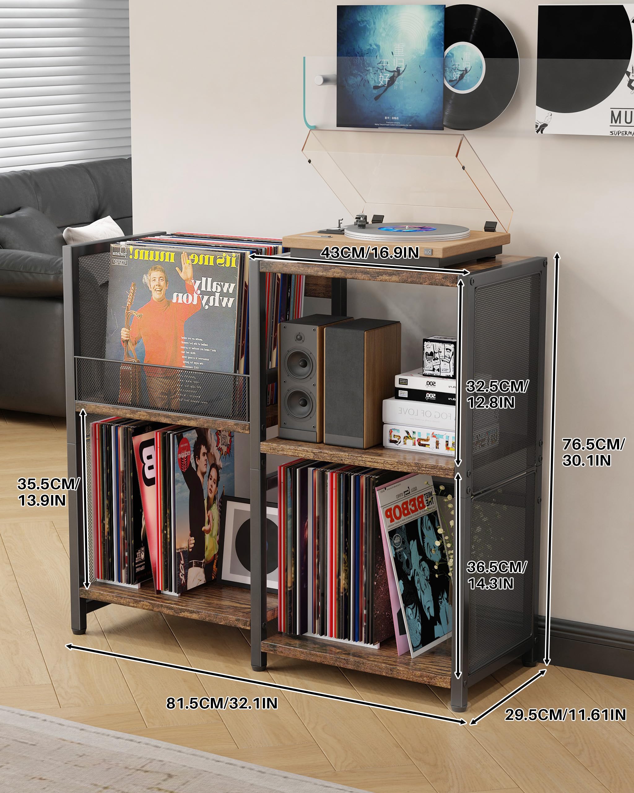 Meuble Platine Vinyle Vintage, Support pour 200 Albums, 3 Niveaux Métal Étagère de Rangement Disques pour Salon, Noir