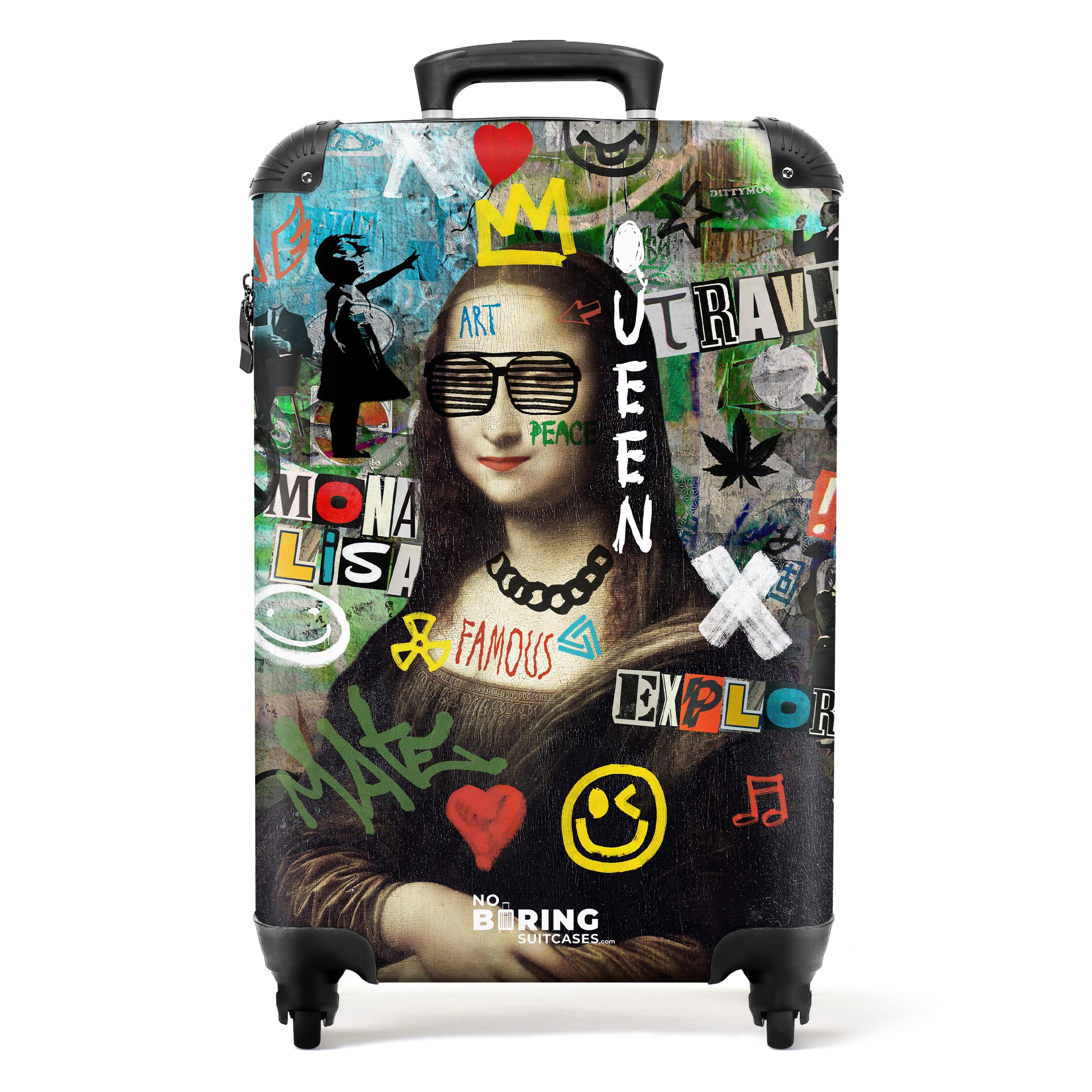 NoBoringSuitcases.com Maleta de Viaje Cabina Trolley con Ruedas, Equipaje de Mano Carry on Luggage - Mona Lisa Graffiti (55x40x20 cm)