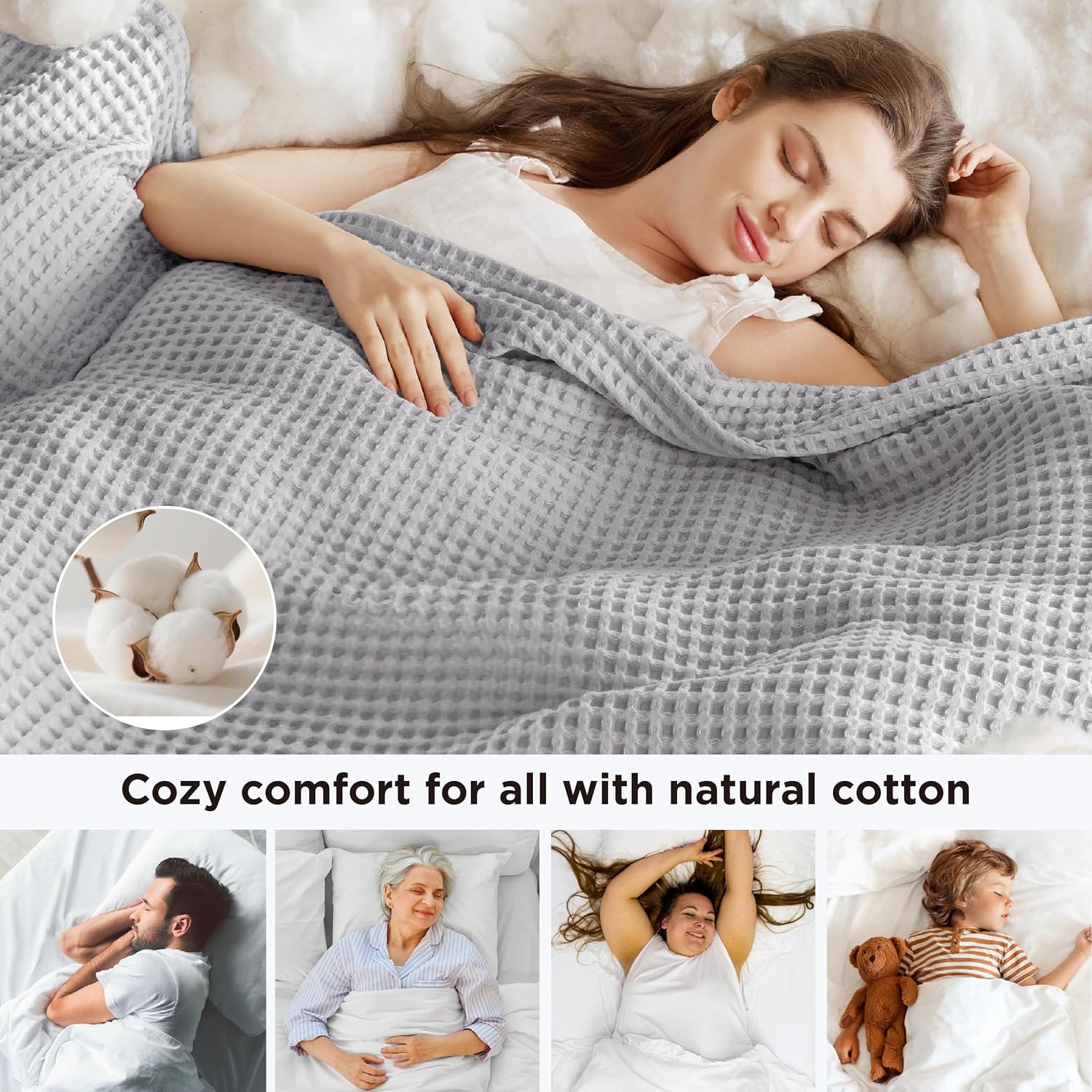 Bedsure 100% Cotton Blanket Queen Size for Spring Summer, Waffle Weave Thin Lightweight Breathable Blanket for Bed, Cotton Bedding Room Decor Gifts for Women, Men, Grey, 90″ x 90″