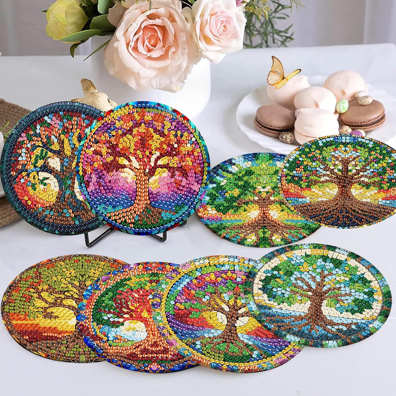Ekuxom 8 PCS Tree of Life Diamond Art Coasters Kits-Diamond Painting Coasters Kits with Holder Cork Pads-DIY Crystal Full Drill Rhinestone Drink Coaster for Crafts Gifts