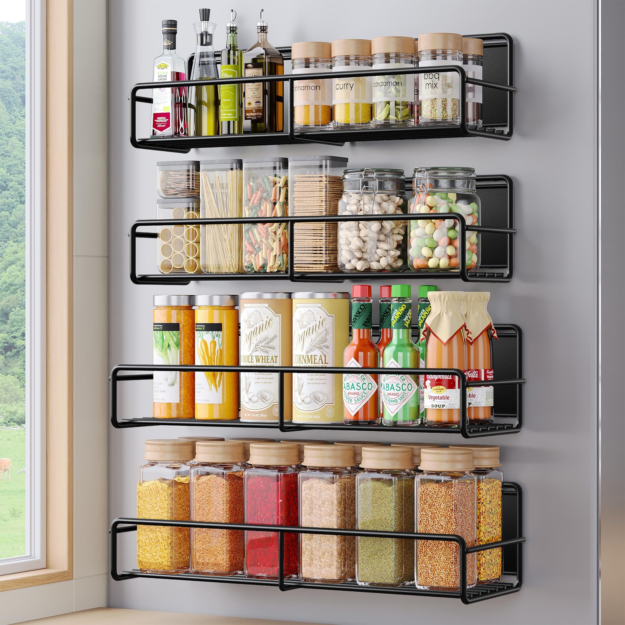 Mystozer 4 Pack Magnetic Spice Rack for Refrigerator, Magnetic Shelf Fridge Organizer for Kitchen Storage, Black