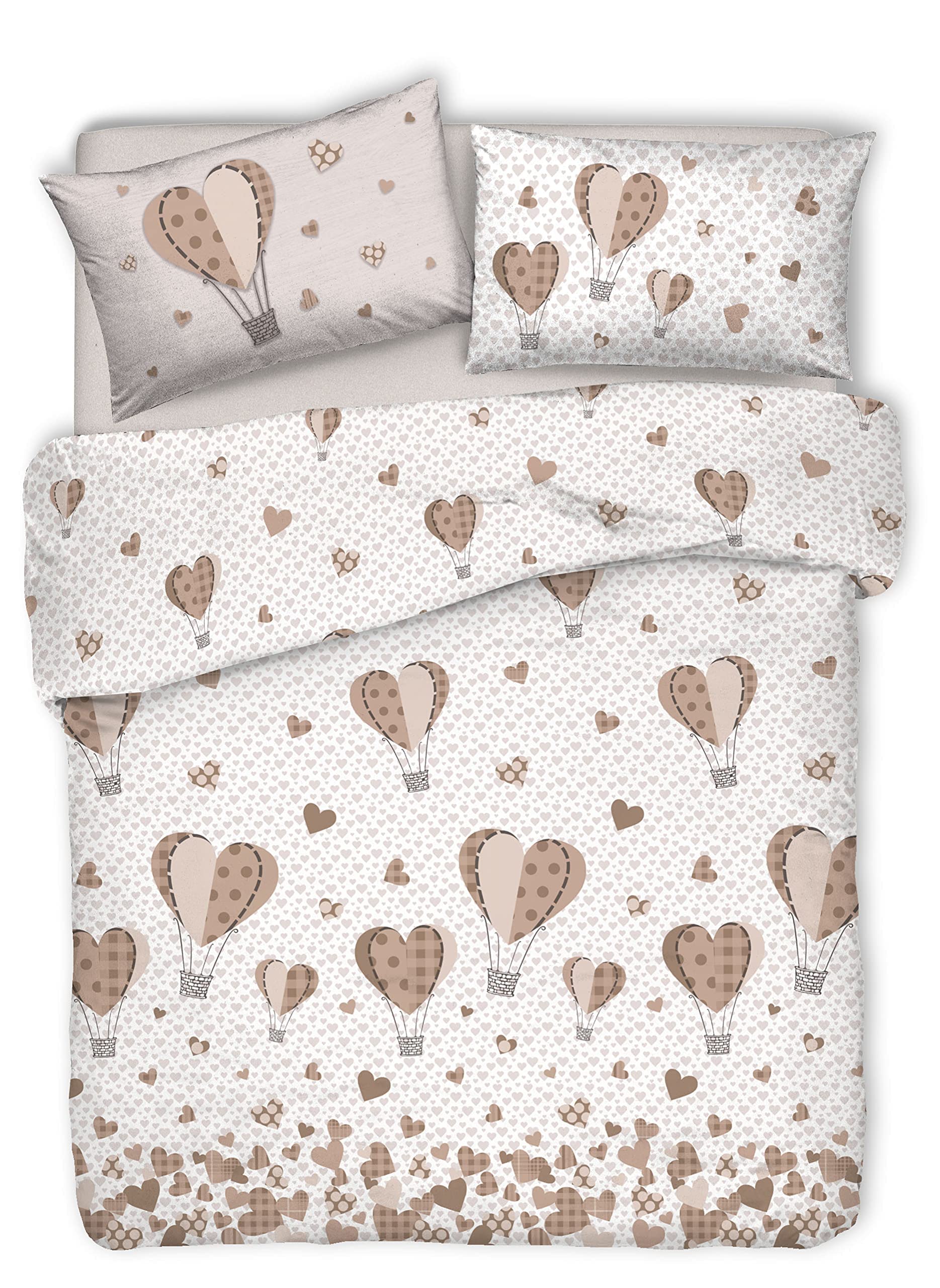 Copripiumino Letto Matrimoniale HomeLife Made In Italy - Cotone Traspirante, Con Due Federe, Design Cuori Appesi Beige, Qualità Italiana