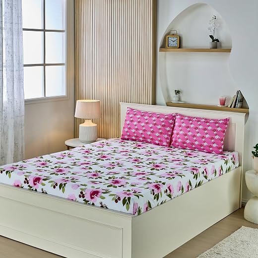 Amazon Brand - Solimo Celestial Delight 140 TC 100% Cotton Double Bedsheet with 2 Pillow Covers, Soft and Smooth (Floral, ...