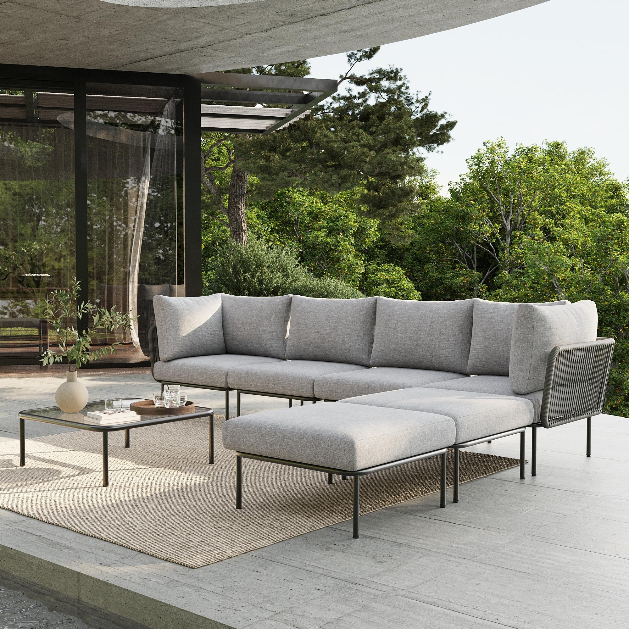 Vakollia 7 Piece Modern Outdoor Rope Wicker Sectional Patio L-Shaped Conversation Sofa Set Deep Seating with Thick Cushions