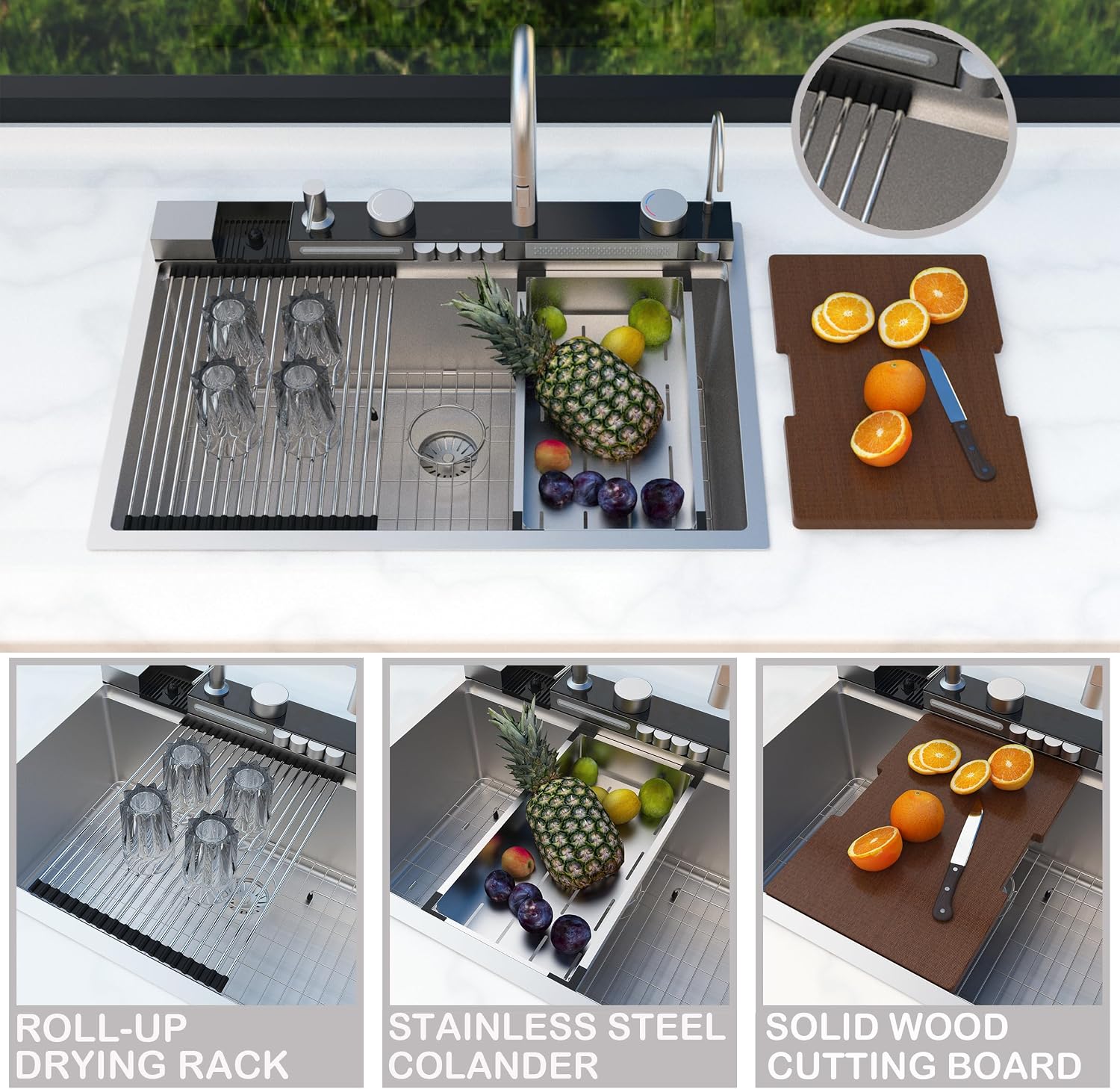 33x22 Inch Drop In Workstation Kitchen Sink - Multifunction 16 Gauge Stainless Steel Kitchen Sinks, Smart Digital Display Waterfall Chef Sinks with Pull-down Faucet & Multiple Accessories