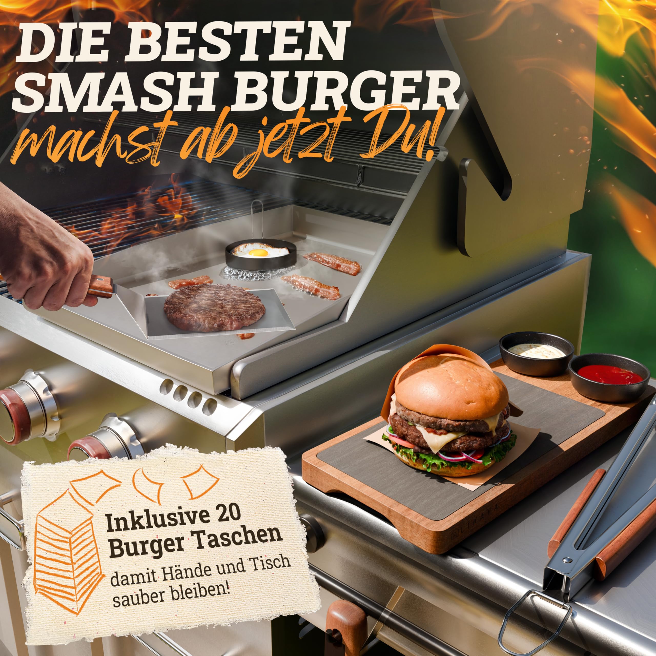 LIKAYA [BUNDLE] Plancha płyta grillowa ze stali nierdzewnej [30 x 40 cm] + zestaw do hamburgerów – 4 x szpachla do grilla i burger Smasher z uchwytem z drewna akacjowego FSC – idealne hamburgery na